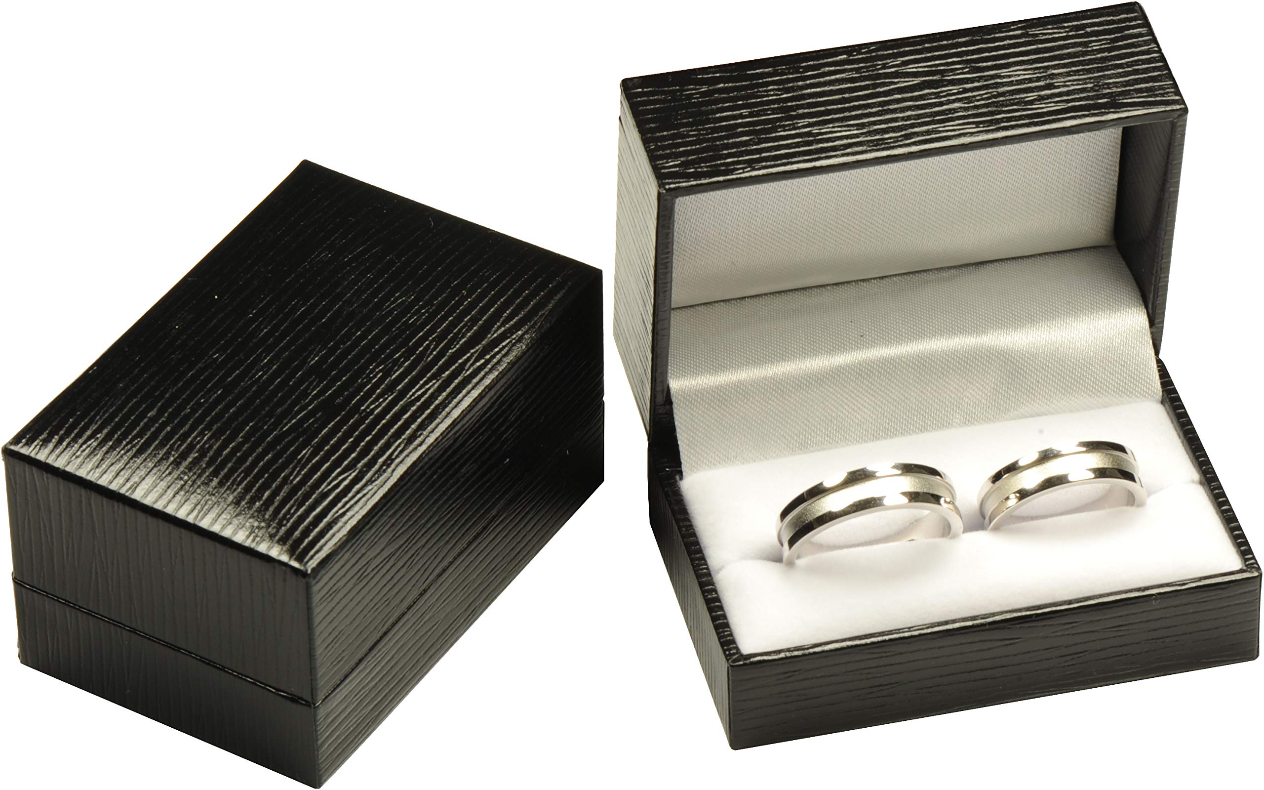 Black Double Ring Box Luxury Textured Leatherette Exterior and