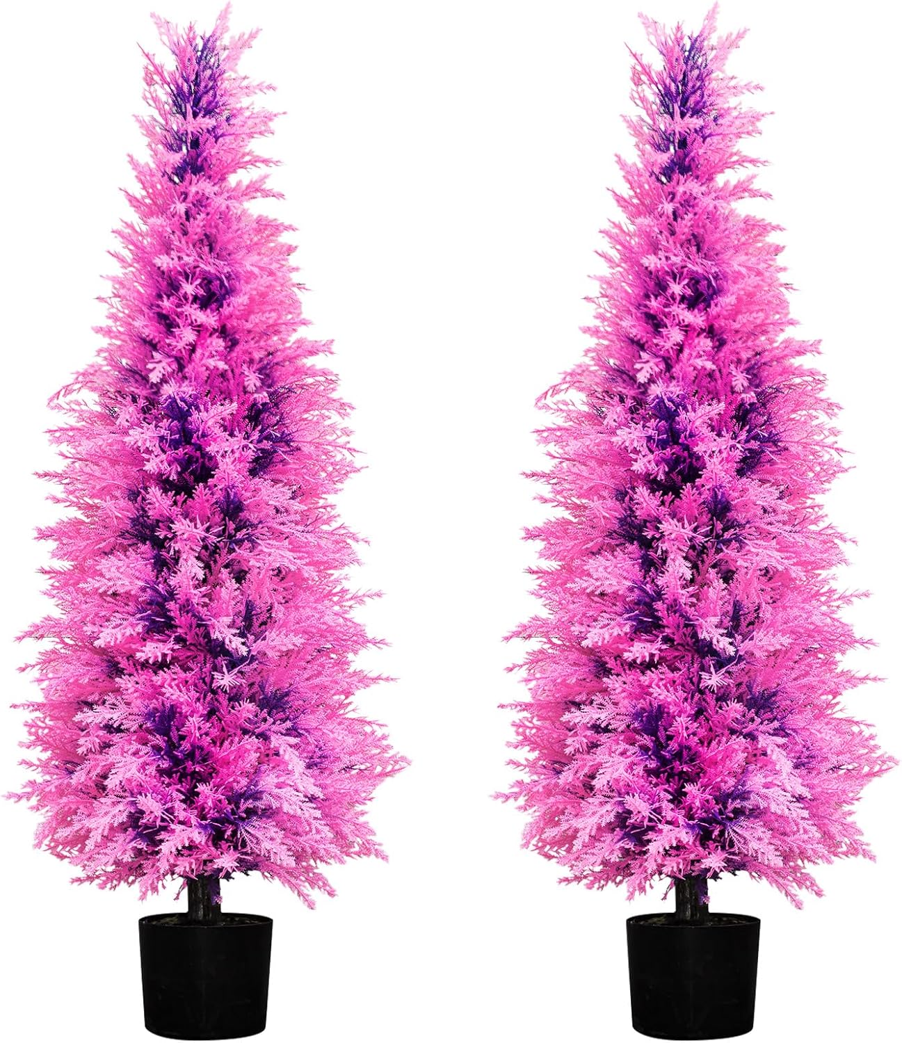 2 Pack Artificial Cedar Topiary Trees 4FT Pink and Purple – Lifelike Faux Potted Evergreen Shrubs, UV Resistant Fake Pine Plants for Indoor and Outdoor Decor, Perfect for Porch, Front Door, or Office