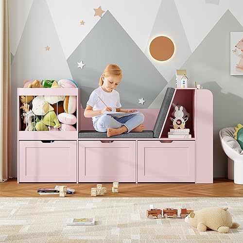 Miniatura 7 de Rincón de lectura para niños de 66.9 pulgadas, organizador de almacenamiento de juguetes con almacenamiento de animales de peluche, banco y cojines
