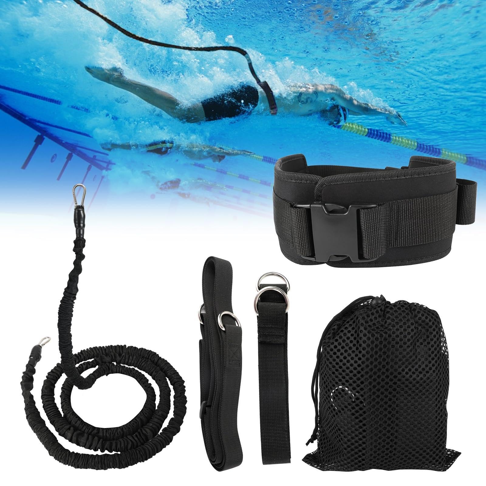 Ceinture d'entraînement de natation de 2,5 à 7,5 m, sangles élastiques de natation avec ceinture réglable et harnais stationnaire, aides à la natation pour adultes et enfants