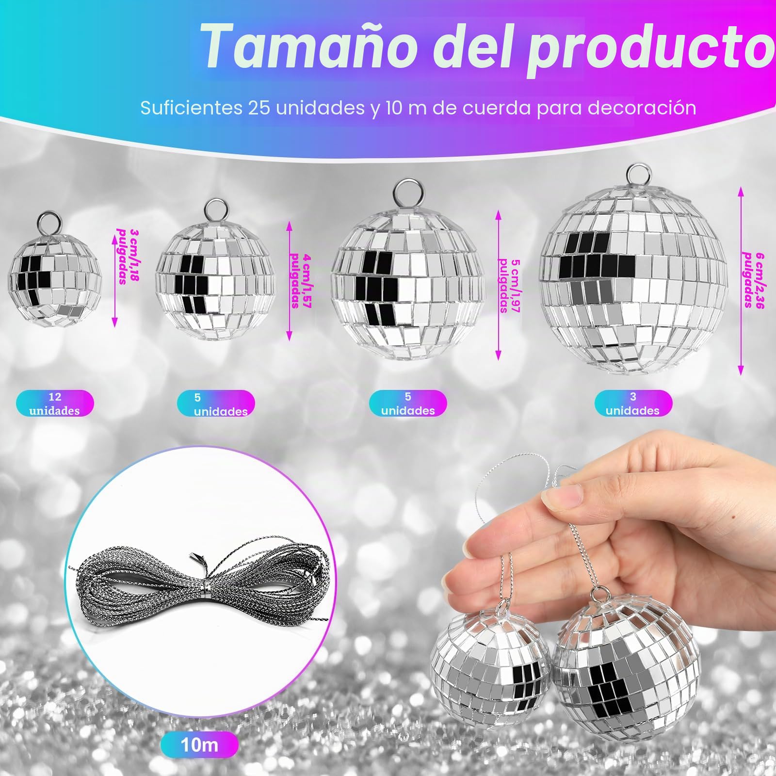 Bola Discoteca,25 Bolas Espejadas, Mini Bola de Discoteca,Bolas de Discoteca Pequeñas Decorativas,Disco Ball Pequeñas para Colgar el Árbol Navidad para Decor de Bodas,Fiestas Cumpleañosy Fiestas Casa