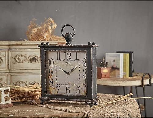 Relojes de escritorio rústicos Shabby Chic con estantes, reloj rectangular marrón oscuro, funciona con pilas, números grandes y reloj de mesa de