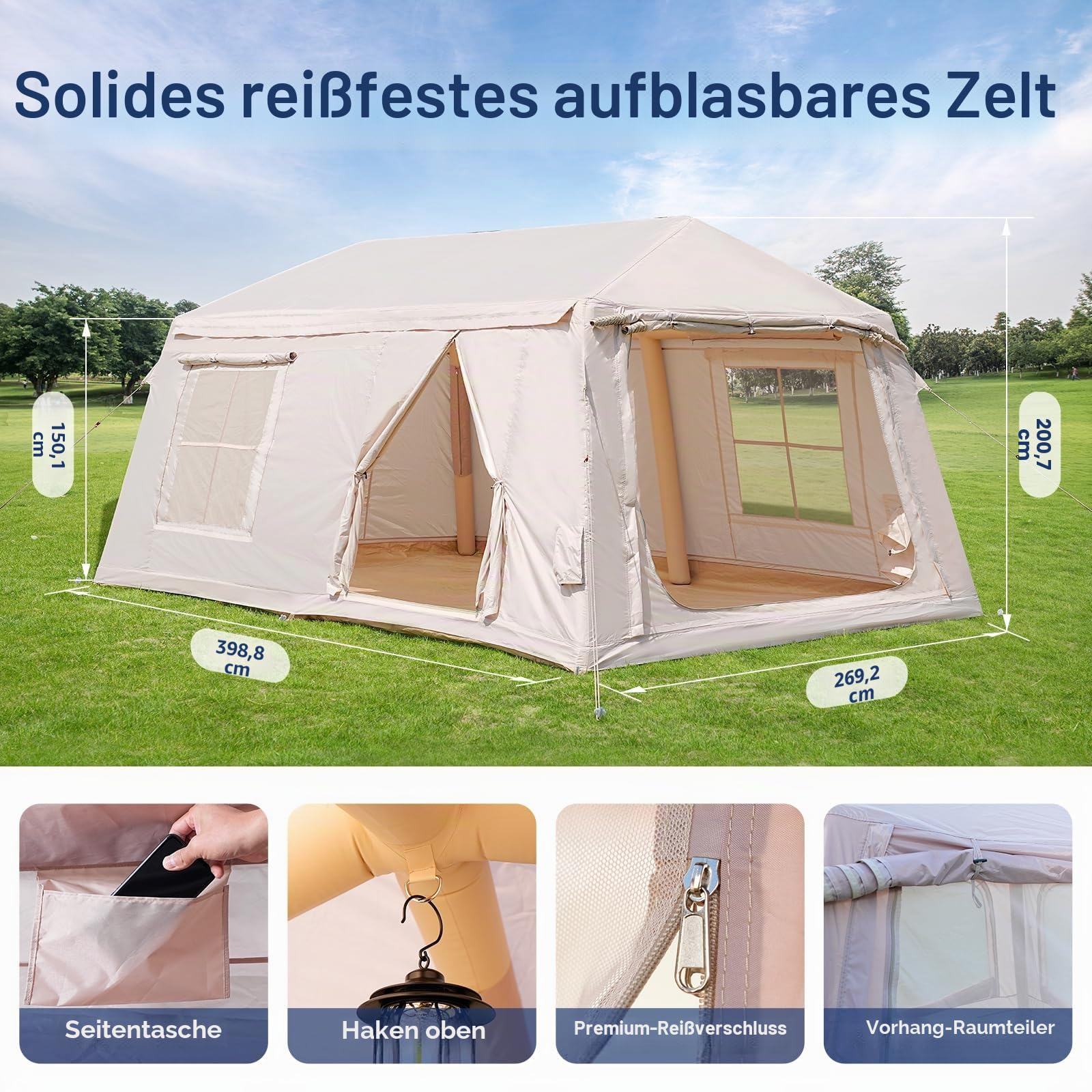 MOPHOTO Aufblasbares Zelt für Camping, wasserdicht, Oxford, inkl. Pumpe-4/6/8/10/12Personen