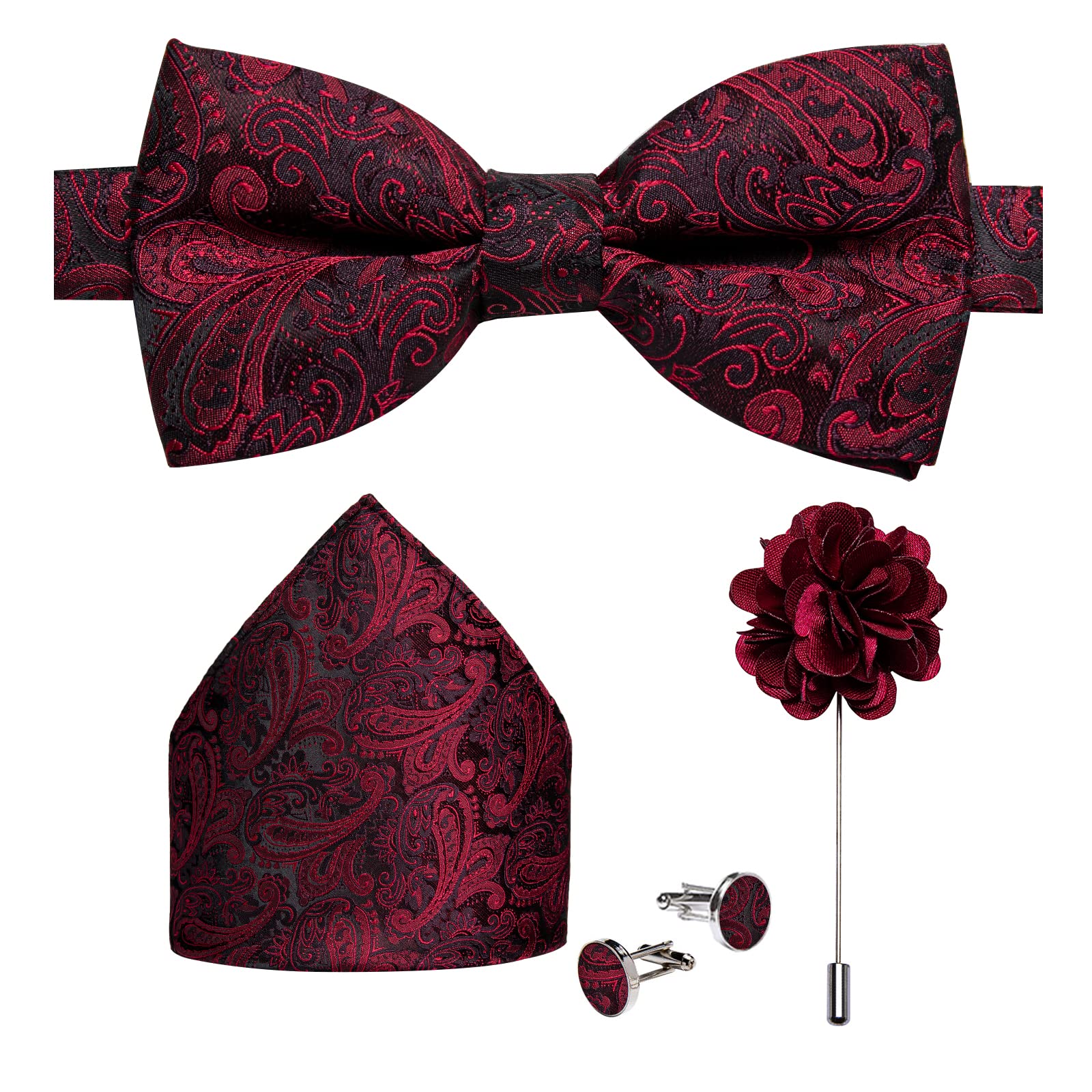 DiBanGu Pre-Tied Bow Ties for Men Silk Adjustable Tuxedo Bowties Pocket Square Cufflinks Set with Lapel Pin Jacquard Woven