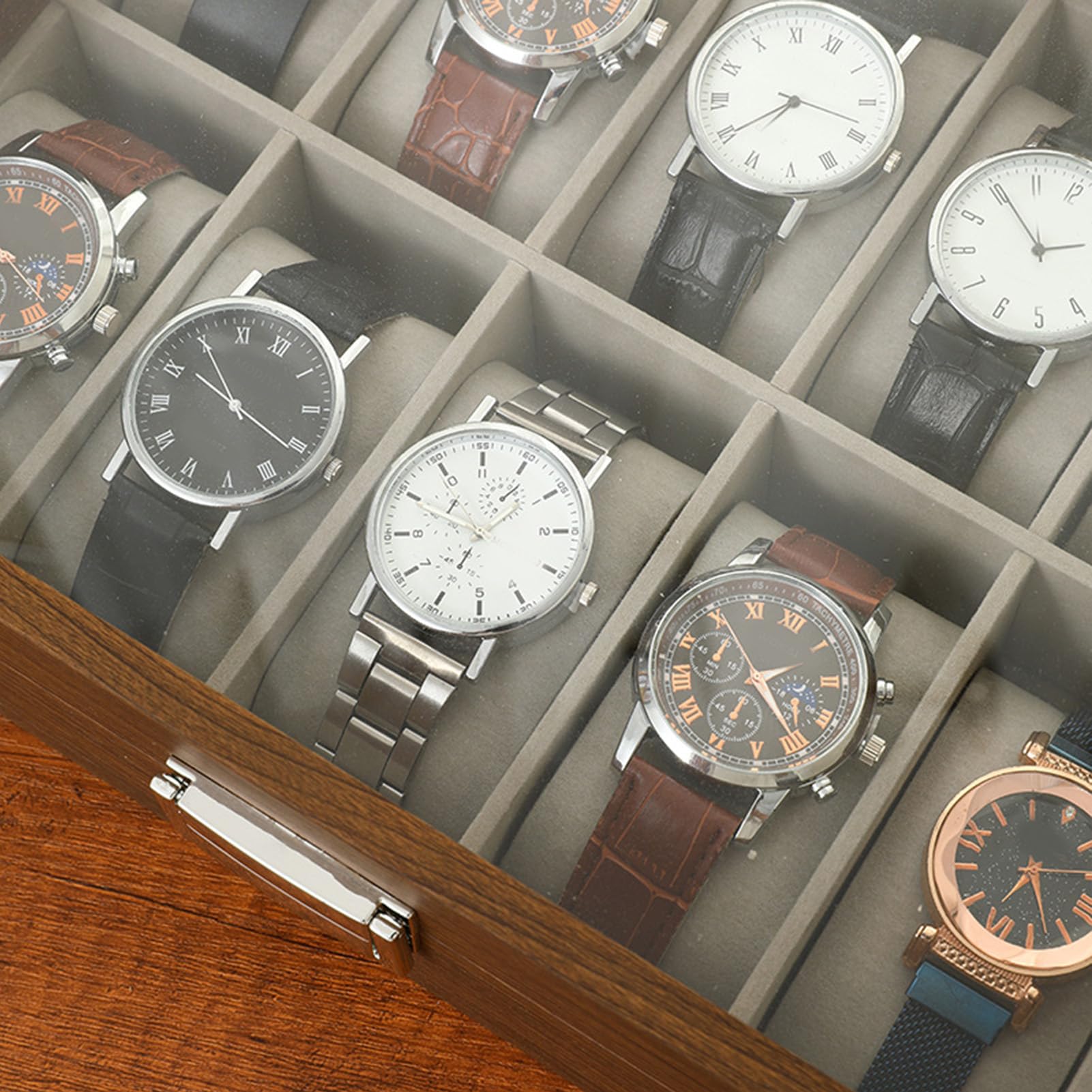 Buachois Watch Box Case, Estuche organizador de relojes de cuero con tapa de vidrio para colección