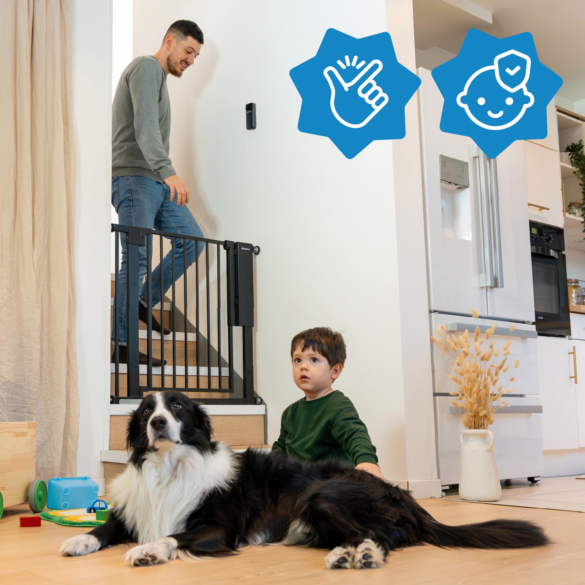 Badabulle Puerta de Seguridad Infantil Safe&Pass - Desbloqueo automático - Desbloqueo por Sensor a tamaño Adulto - Sistema de fijación a presión - para Aberturas Entre 75 y 81,5 cm