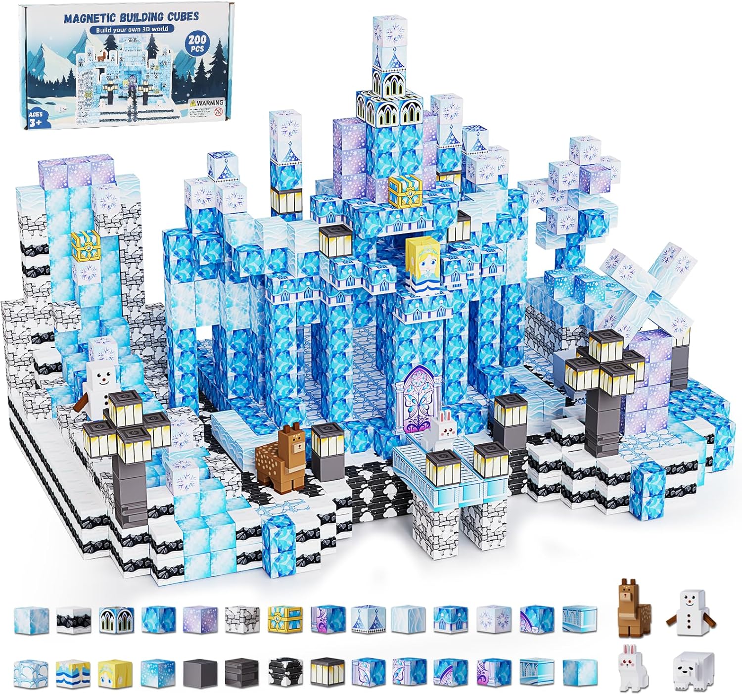 200 Pack Magnetic Blocks for Kids, STEM Construction Toys with Forest Theme | Creative Educational Games for Ages 3, 4, 5, 6, 7, 8, 9, 10 | Ideal Birthday for Boys & Girls (ICE, Count, 200)