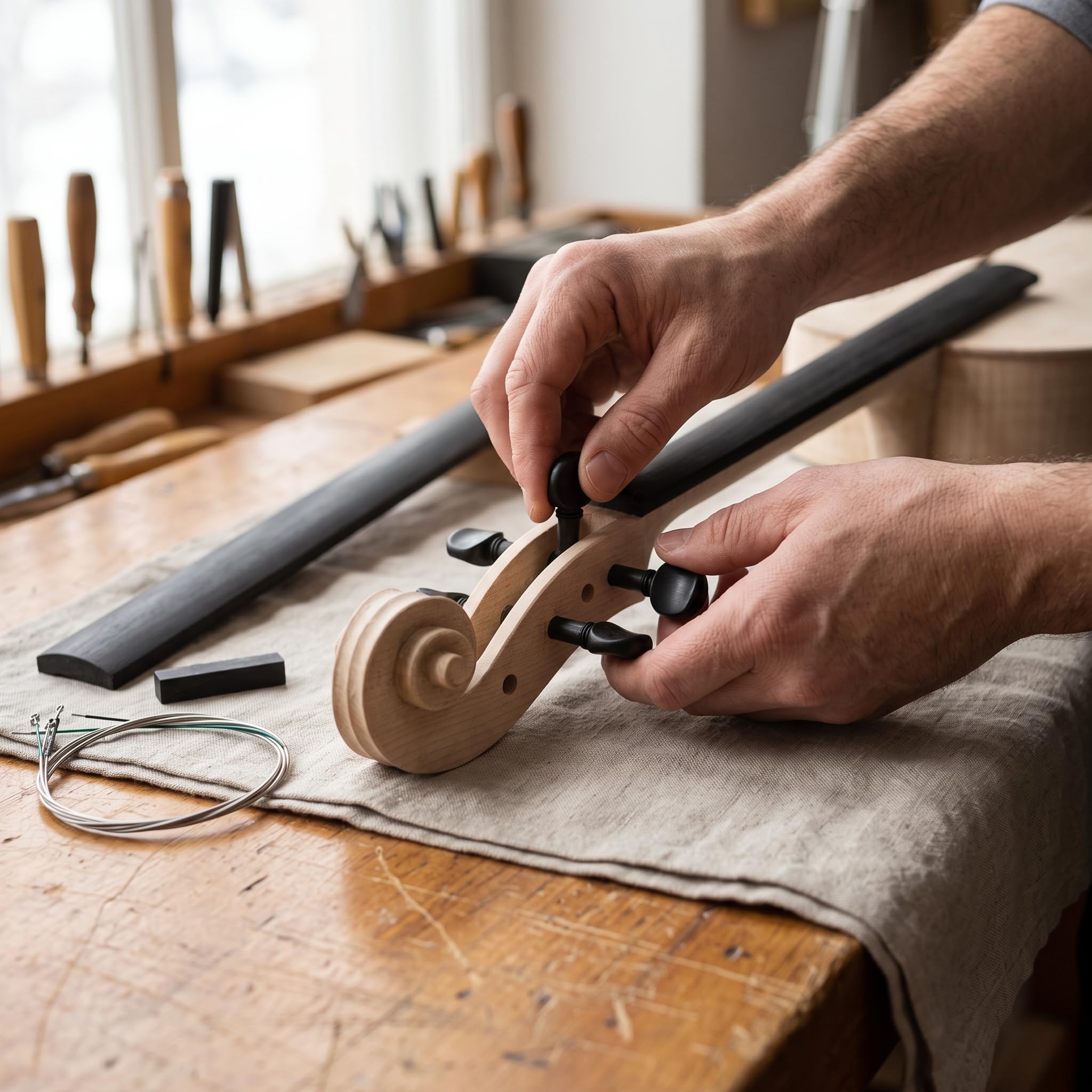 Ricambi Strumento 4/4, Tastiera e Piroli in Ebano, Manico in Acero, per strumenti, Testa in acero per violoncello 4/4 + tastiera in ebano + piroli in ebano a doppio occhio + set di corde