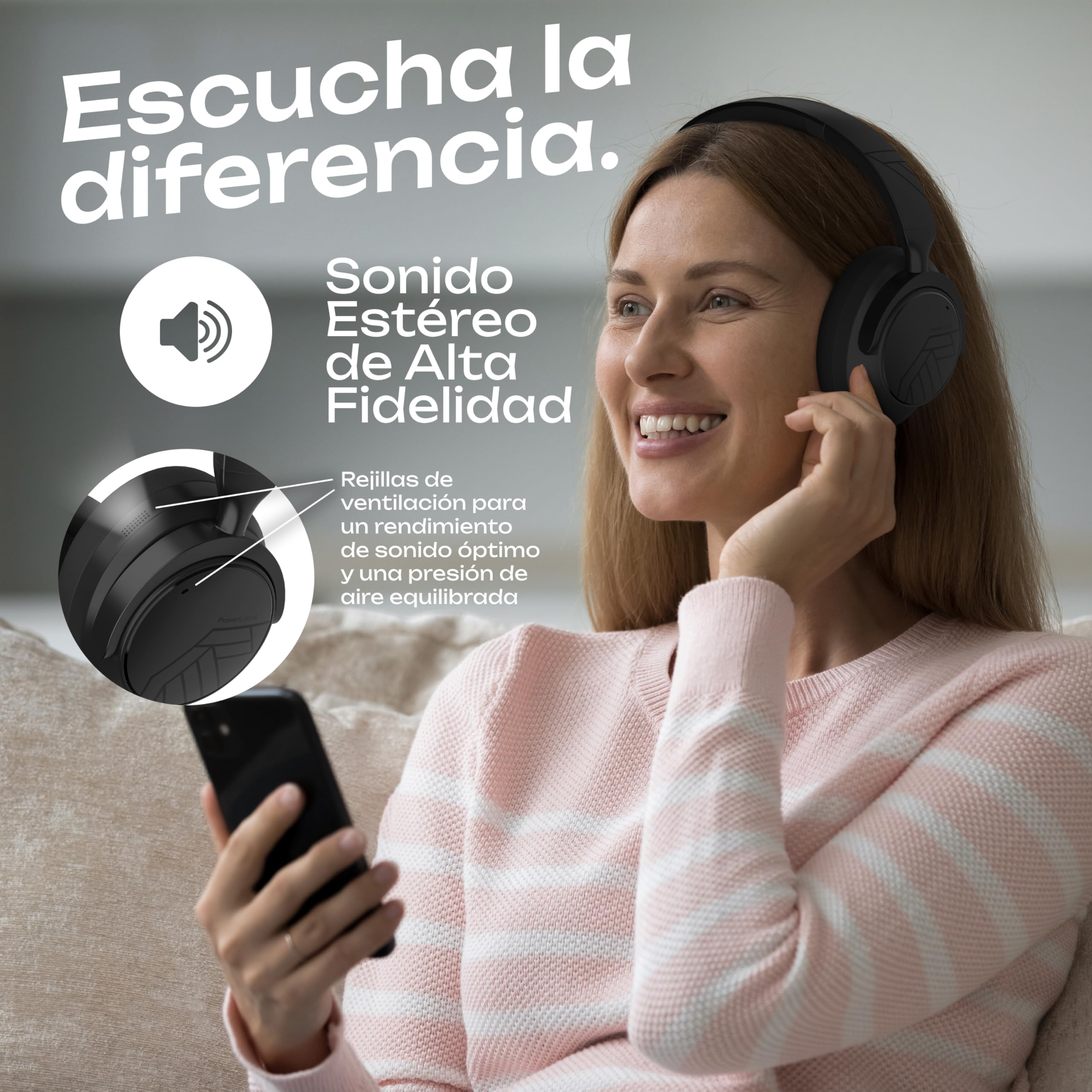 PowerLocus Cascos Inalambricos Bluetooth, Auriculares Inalámbricos con Cancelación de Ruido Activa Híbridos, 70H Reproducción, Modo Transparencia, Cascos Bluetooth Estéreo HiFi con Funda (Negro)