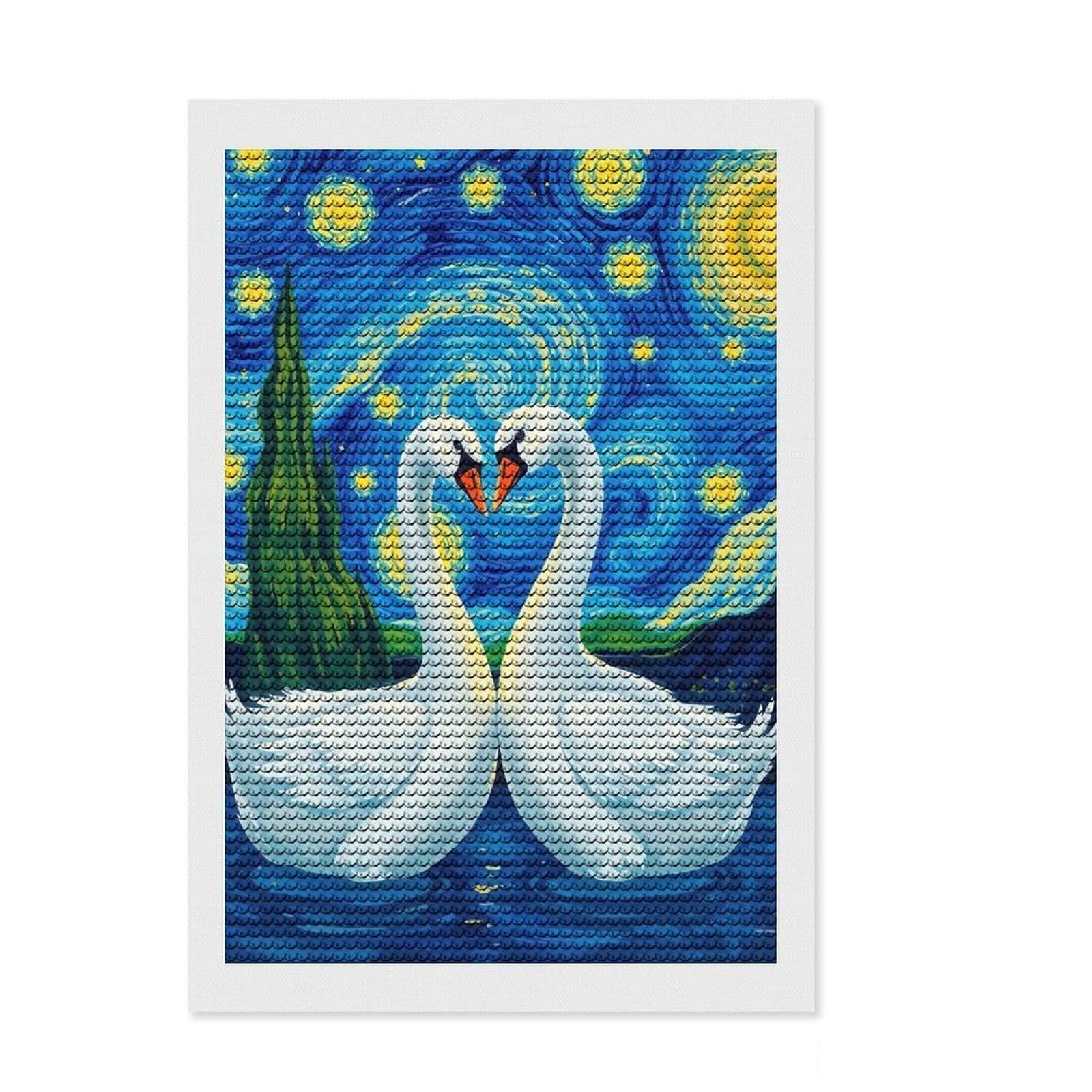 Junmoney Swans Under Starry Night DIY Diamond Art Canvas Kit 8"x12", for Beginners, Simple to Start, Aesthetic Room Decor, Holiday Gift Idea