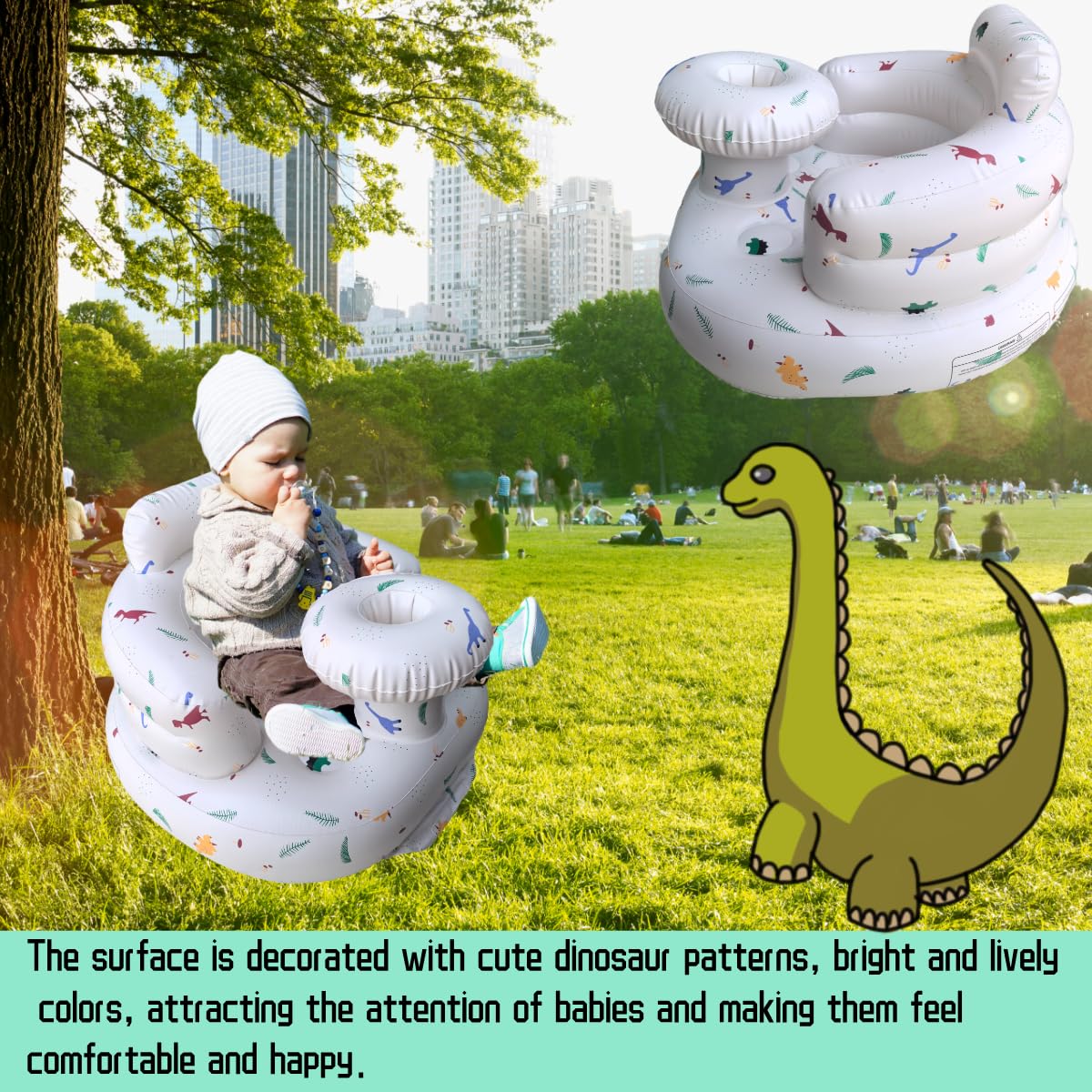 Seggiolino gonfiabile per bambini da 4 a 24 mesi con pompa ad aria integrata, supporto per la schiena per bambini, sedia per sedersi, sedia per baby shower, sedile (Dinosauro)