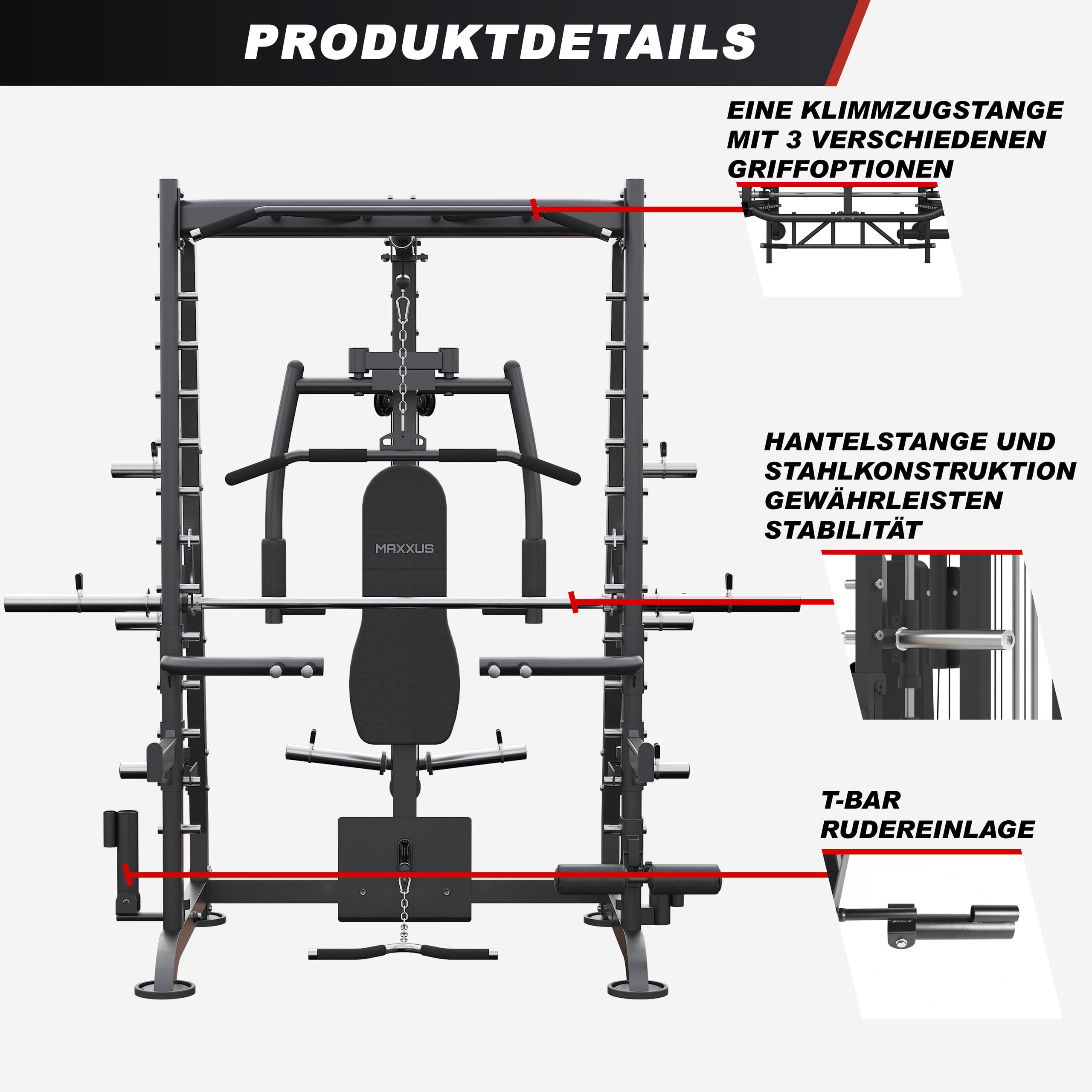 MAXXUS Kraftstation Multipresse 8.1 – Smith Machine mit Hantelbank, Butterfly, Kabelzug, Latzug, Klimmzugstation & Dip-Station, bis 250 kg für Zuhause