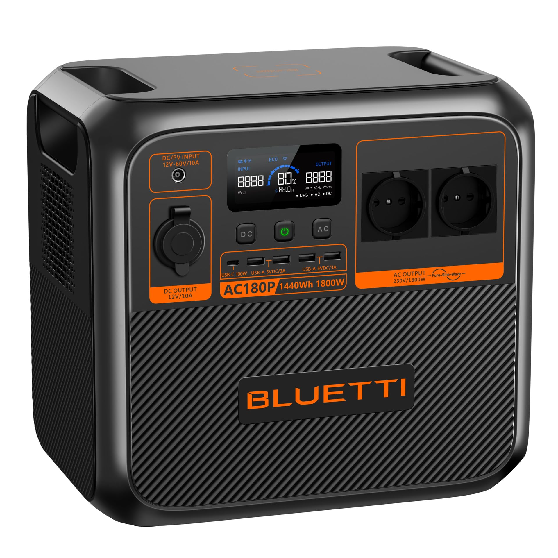BLUETTI Estación de alimentación portátil AC180P, capacidad de 1800 Wh, 2000 W (pico de 4800 W), salidas AC, generador de corriente fiable para uso en exteriores