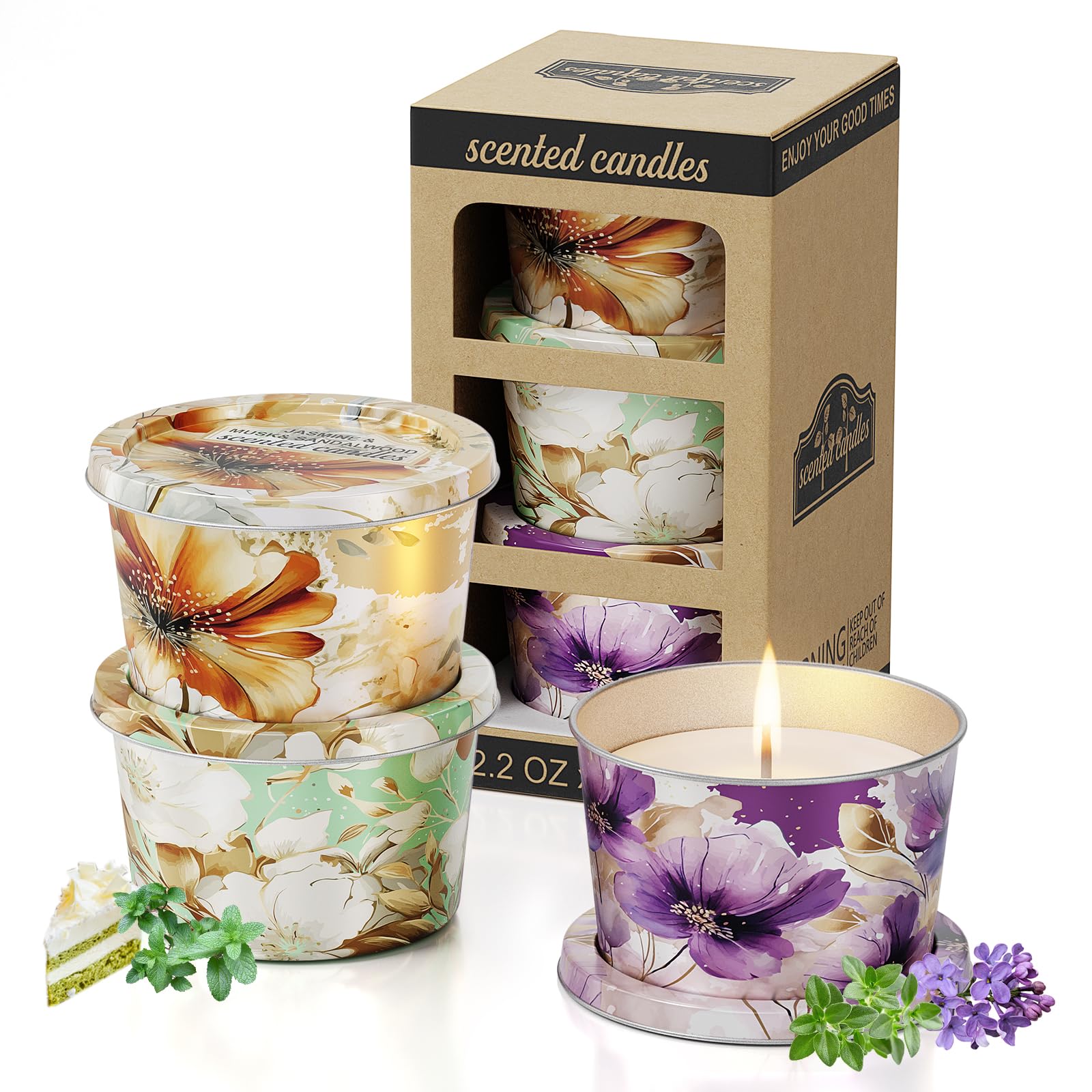 Duftkerze Scented Candles-Lavender & Thyme, Vanilla Cake, Jasmine & Musk & Sandalwood, 3 x 70g, Brenndauer ca. 30 Stunden