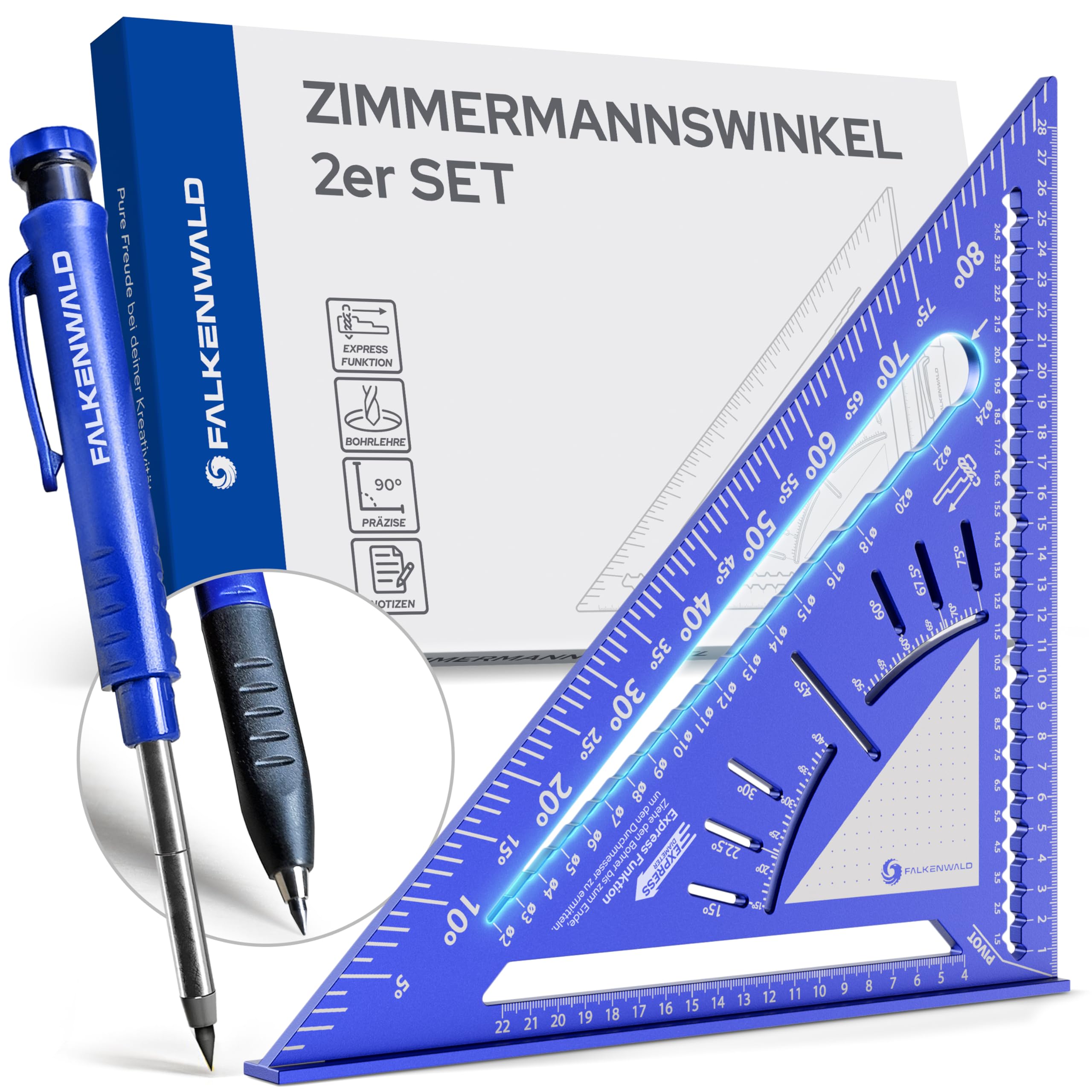 Falkenwald® Zimmermannswinkel 300mm mit Schreibfläche + Tieflochmarker - Aluminiumwinkel zum präzisen Anreißen & Zeichnen - Tischlerwinkel Schreinerwinkel - Multifunktional
