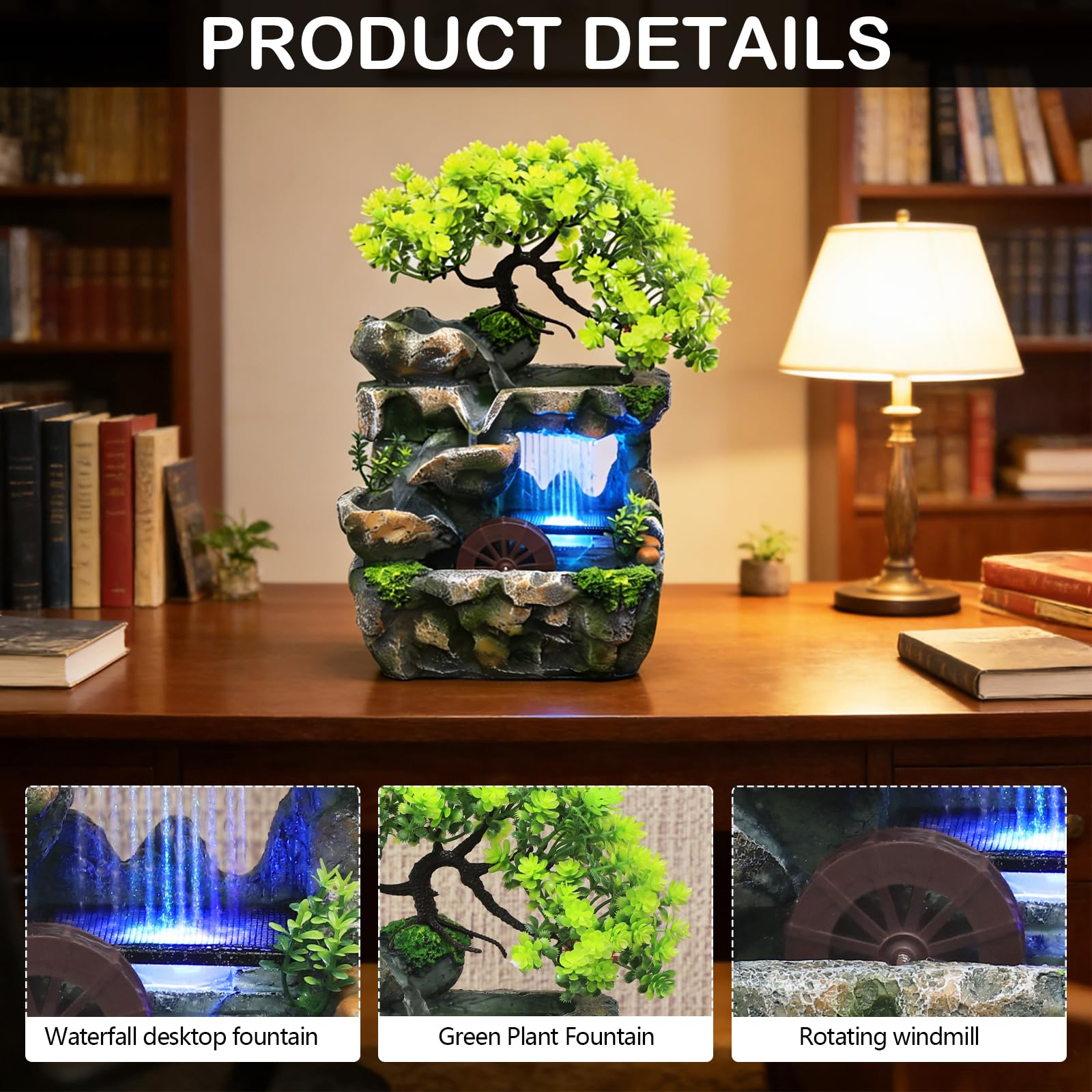 Fontaine d'intérieur avec éclairage LED, Fontaine de Table d'eau en Rocaille Cascade de Bureau Cascade de méditation Zen Fontaine de Bureau avec Plantes Décoration pour Salon