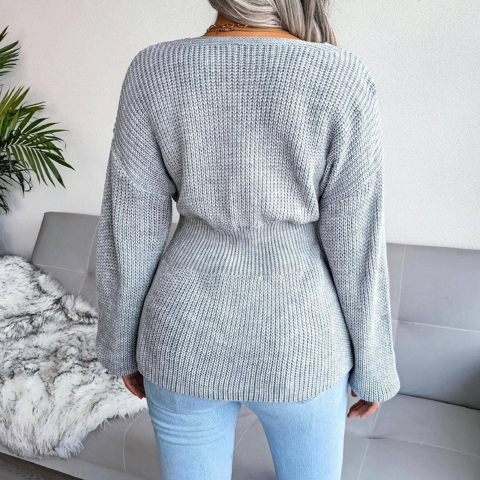 Maglione Donna Gialli A Maniche Lunghe per Maglioni Lunghe da Donna Pullover Inverno Pullover Morbido A V-Collo Maglioni A V-Collo Inverno Inverno-Cachi-s