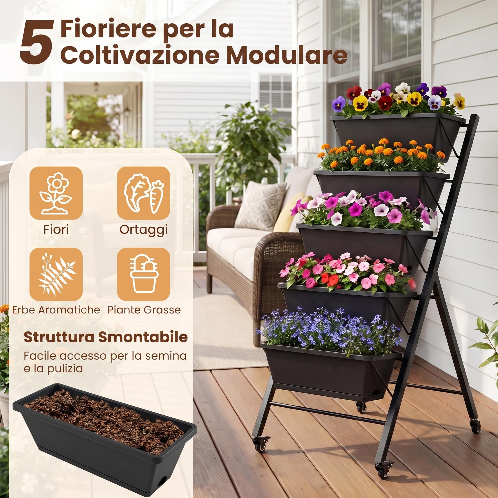 COSTWAY Fioriera Verticale a 5 Livelli, Orto Rialzato da Interno ed Esterno con Ruote Bloccabili, Vassoio e Foro di Drenaggio, Scaffale a Scaletta in Metallo Verniciato per Piante, Fiori e Verdure