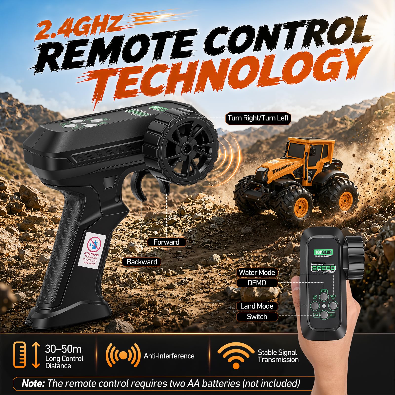 Macchina Telecomandata, Auto Radiocomandata Fuoristrada da Esterno | Monster Truck Telecomandato Anfibio IPX7, Auto RC 15 km/h, 2 Batterie 80 Min, Rotazione 360°, Idea Regalo Bambino