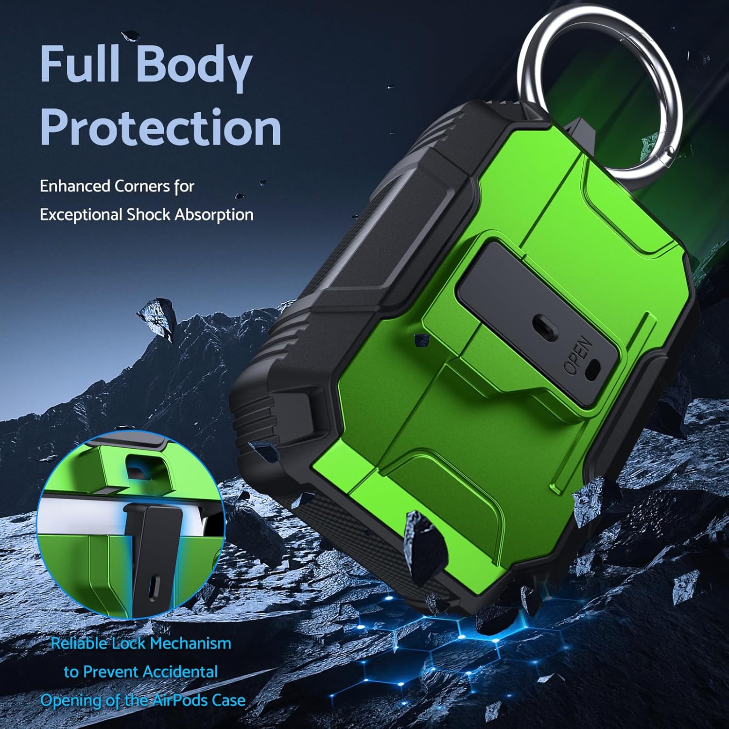 DASFOND Armor Earphone Cover Case for Airpods Pro, Military Grade Full Body Shockproof Protection Hard Case, Support Wireless Charging with Keychain, Magnetic Lid, Front LED Visible, Grass Green Airpods Pro Grass Green