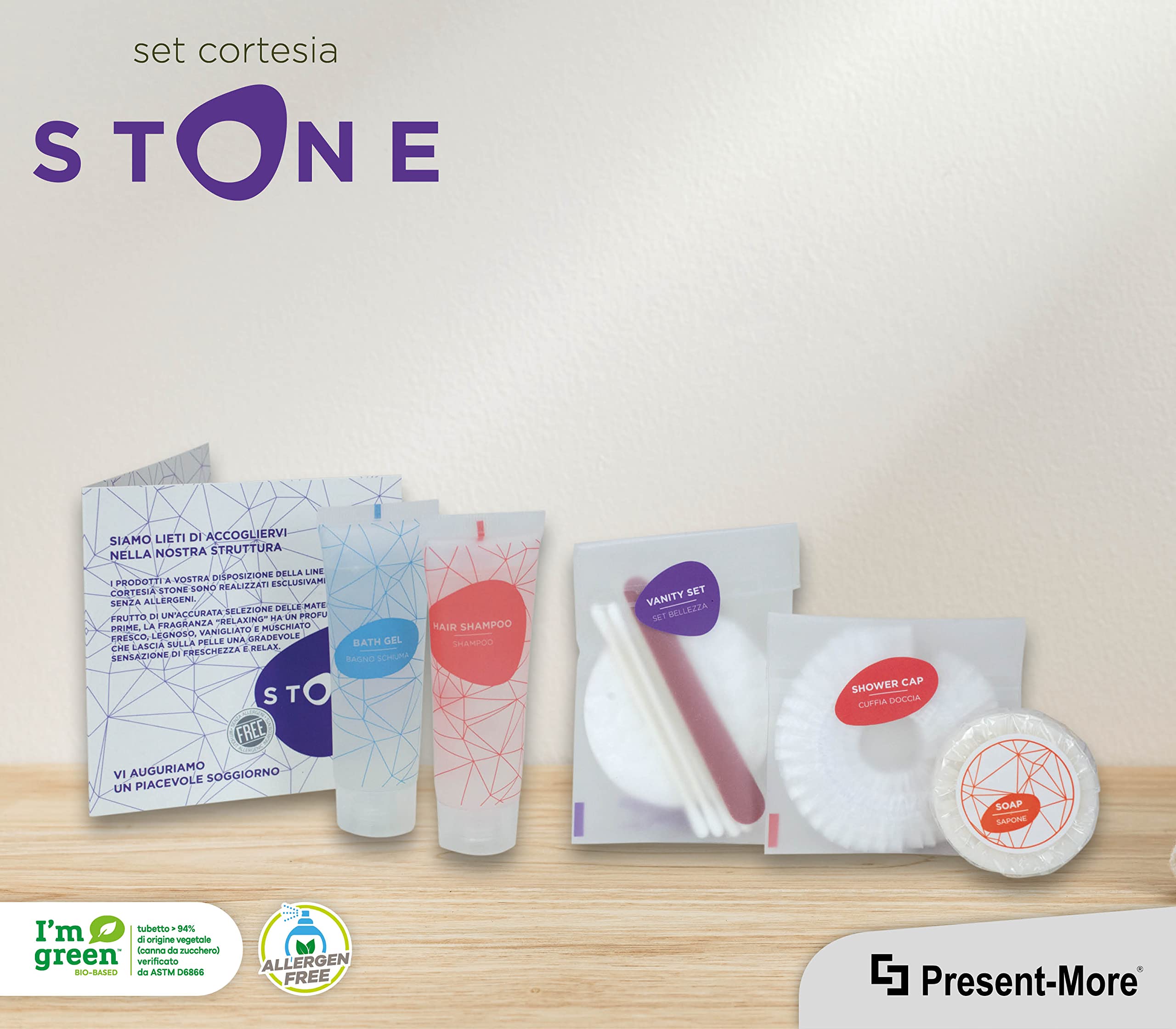 Present-More Amenities Kit Stone - Toilettenartikel 50 Gäste für Hotels und B&B | Allergenfreie Amenities Kit mit Duftnote Relaxing
