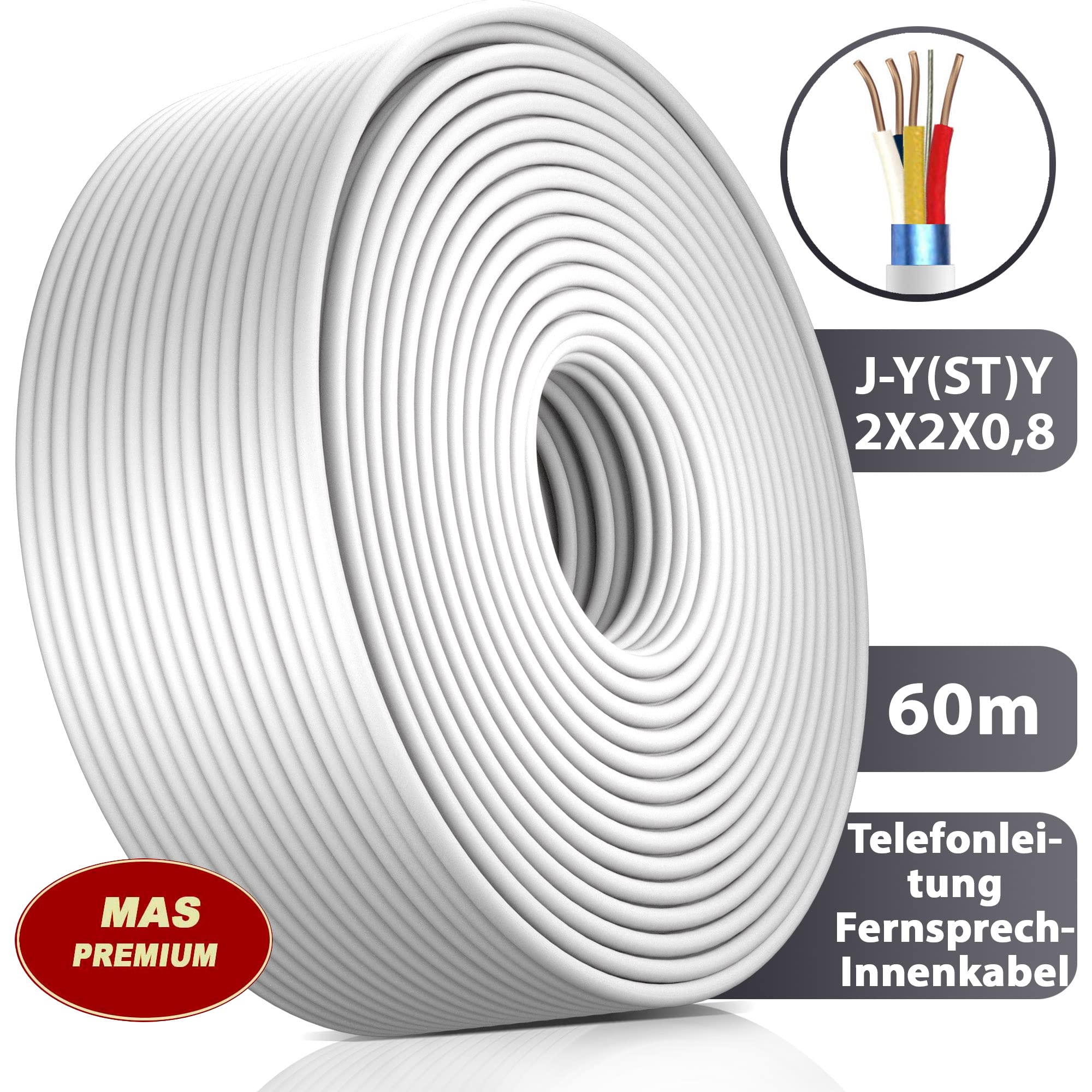 MAS Premium Cable de telecomunicación J-Y(ST) Y 2 x 2 x 0,8 m, de 5 a 250 m, línea telefónica (60 m)