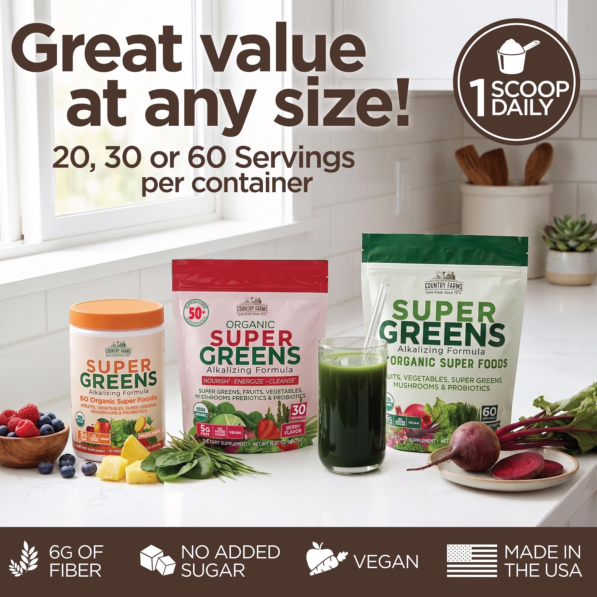 Country Farms Organic Super Greens Powder, Chocolate Flavor, Daily Greens with Fiber, Mushrooms & Probiotics for Gut Health and Energy — Amazon image 8