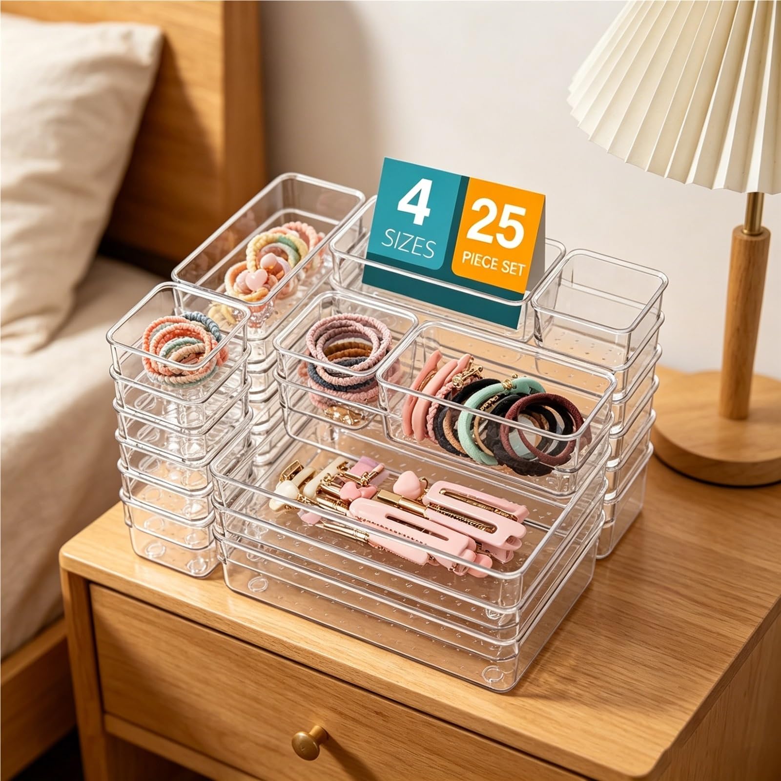 TYNGBT Clear Plastic Drawer Organizer Bins, 25 Pcs Set, Storage Dividers for Cosmetics, Makeup, Jewelry, Bedroom Vanity, Bathroom and Office Use