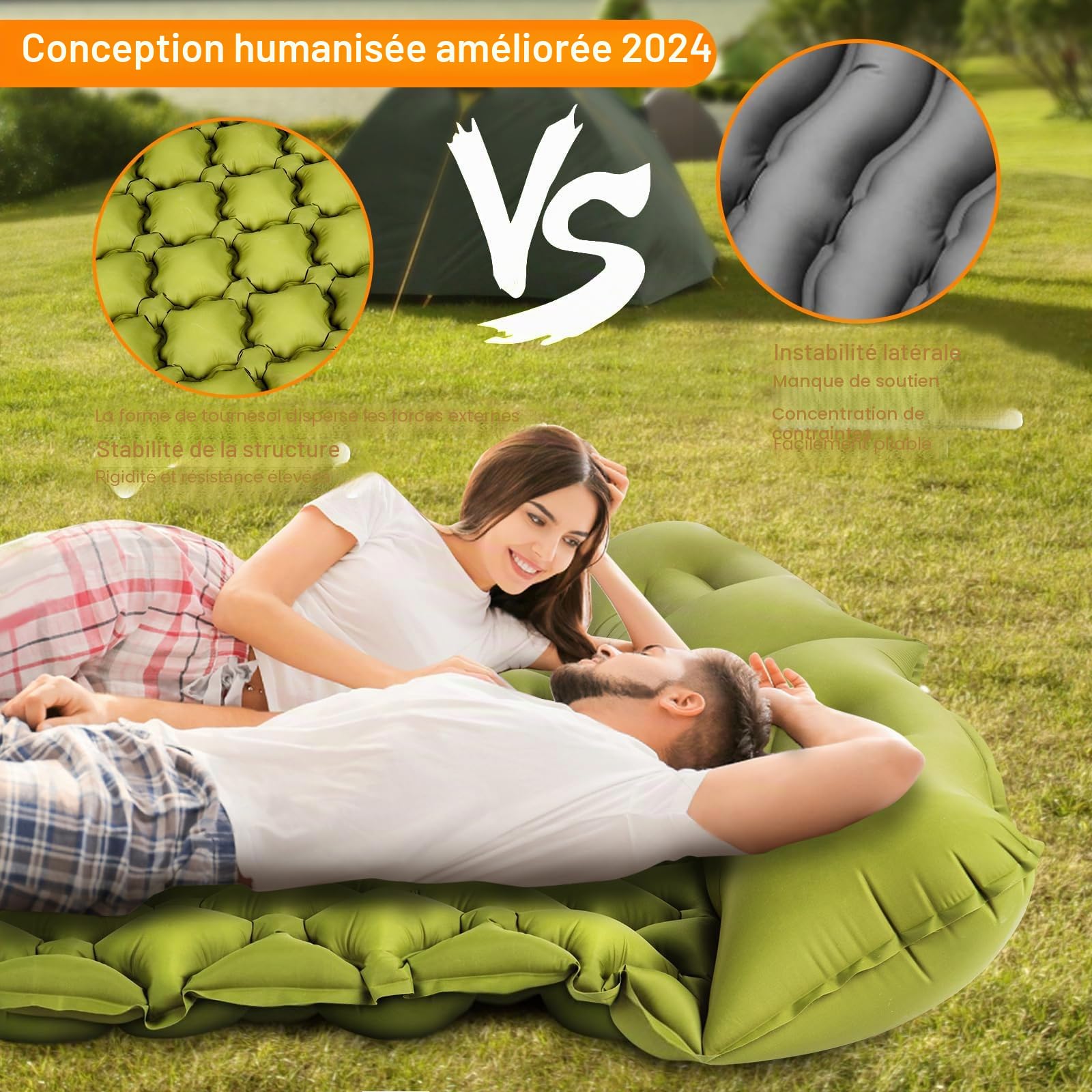 Matelas de Couchage Double Ultra léger de 10,2 cm Extra épais Auto-gonflant pour 2 Personnes avec Oreiller, Pompe à Pied intégrée, Tapis de Camping Portable pour randonnée, Voyage, Tente, Camping
