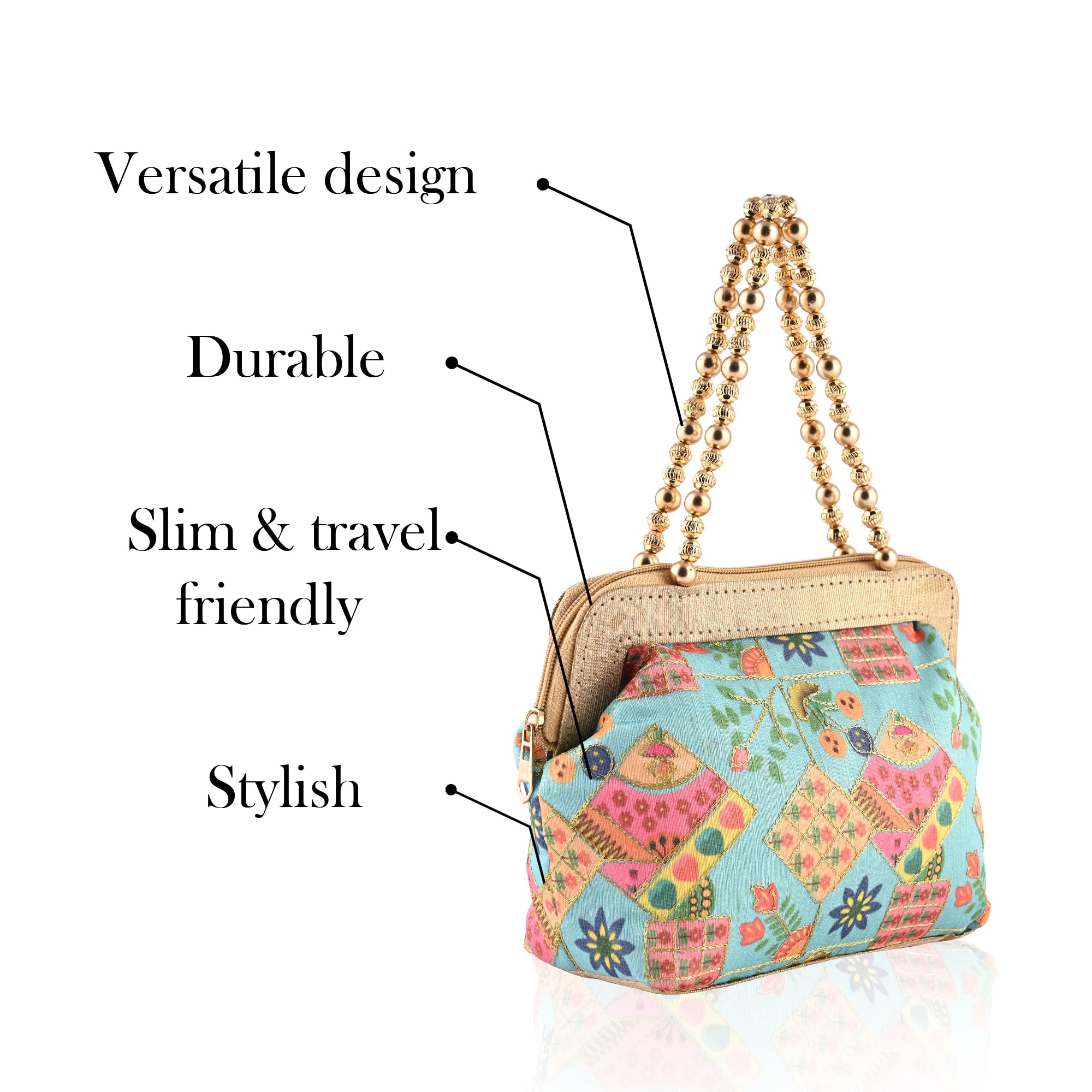 Urbane Home Pack of 2 Small Handbags for Women & Girls | Double Handle Bag | Travel Friendly Ladies Purse | Flower Embroidery - Sky Blue & Cream 4