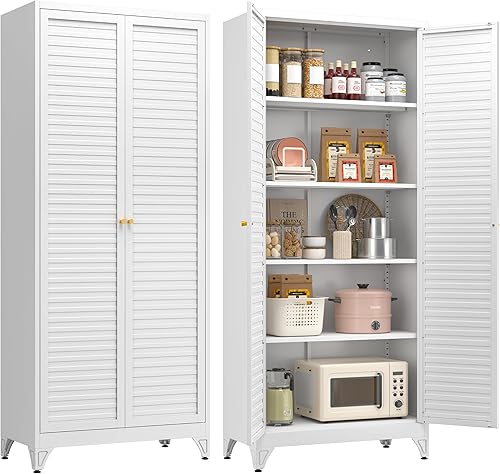 Miniatura 11 de Armario de despensa de cocina, gabinete de almacenamiento de metal de 75 pulgadas de alto con puertas y estantes, 4 pies de pie, armario para