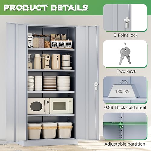 Vista 114 de INTERGREAT Armario de almacenamiento de metal, armarios de acero con cerradura de 72 pulgadas de alto con puertas de bloqueo, armario de Gris blanco