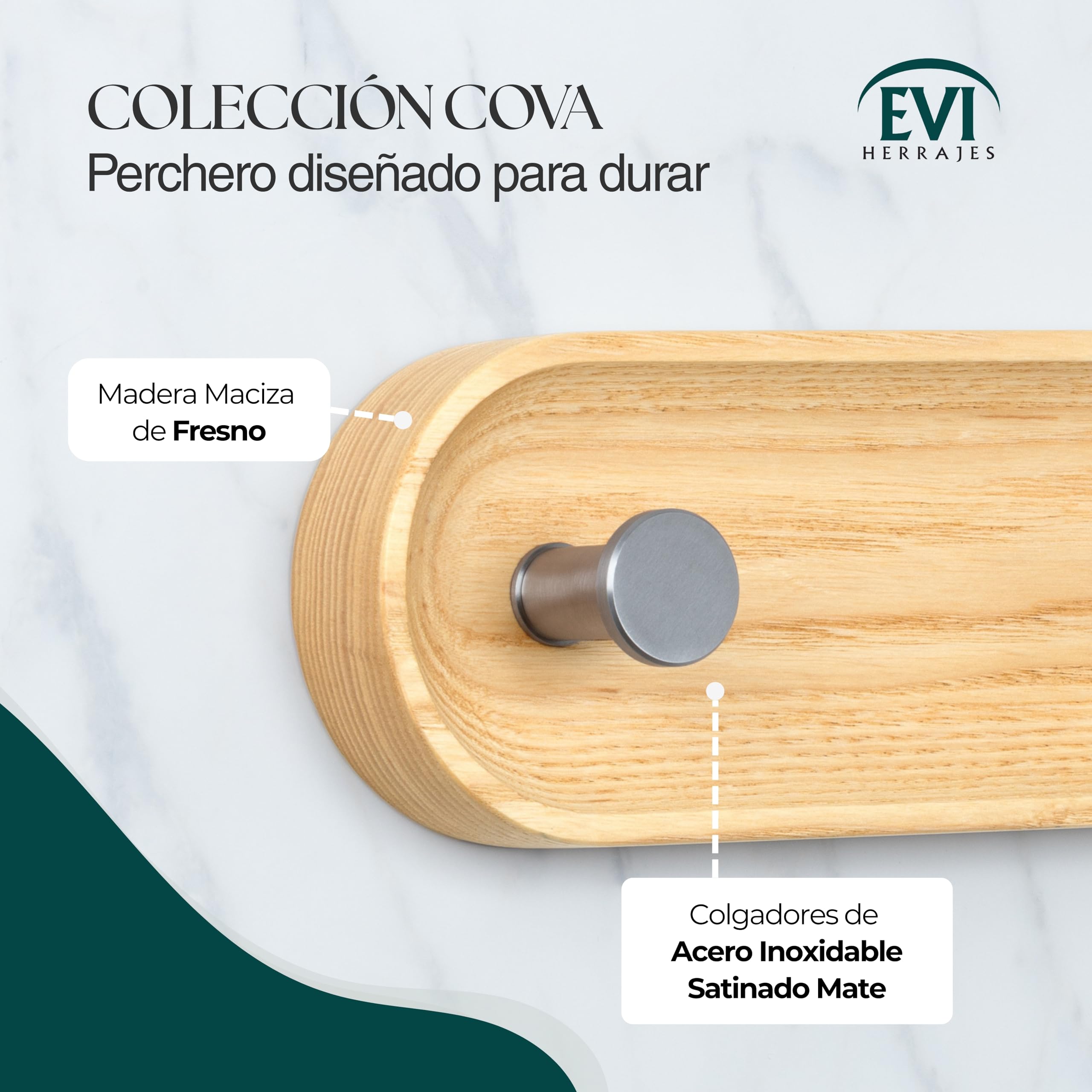EVI Herrajes | Perchero de pared de 4 colgadores | Madera maciza de fresno | Colgadores de acero inoxidable | Kit de montaje incluido | Mod. Cova 4CFRAM