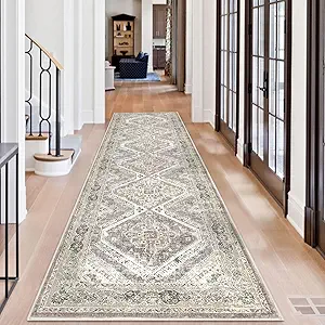 KUTA Vintage Washable Rug Runners 3x10, Ivory Grey Yellow Long Hallway Kitchen 10ft Rugs with Rubber Backing, Non-Slip Soft Printed Oriental Medallion Carpet for Entryway Dining Room