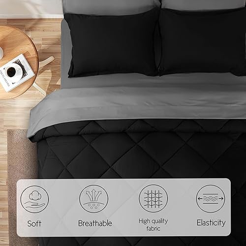 Miniatura 2 de HIG Juego de edredón reversible de 7 piezas tamaño Queen  Juego de ropa de cama alternativa acolchado negro para todas las estaciones, juegos de