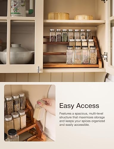 Miniatura 5 de Tinamo Estante de especias de madera de acacia para encimera, bandeja de madera con capacidad para 24 frascos, organizador de especias para estante