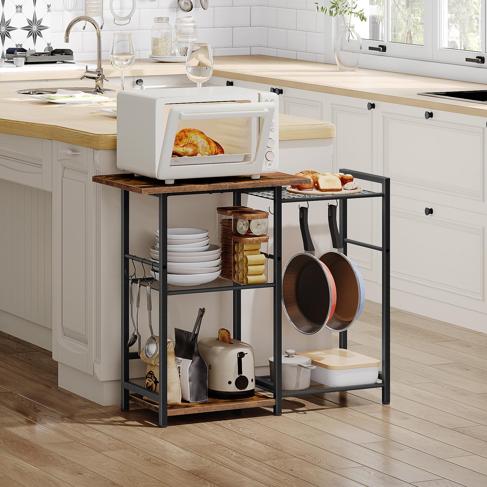 HOOBRO Estantería de Panadería, Organizador de Cocina, Estante de Microondas, Estación de Bar de Café, para Espacios Pequeños, Comedor, Marrón Rústico y Negro EBF15HB01