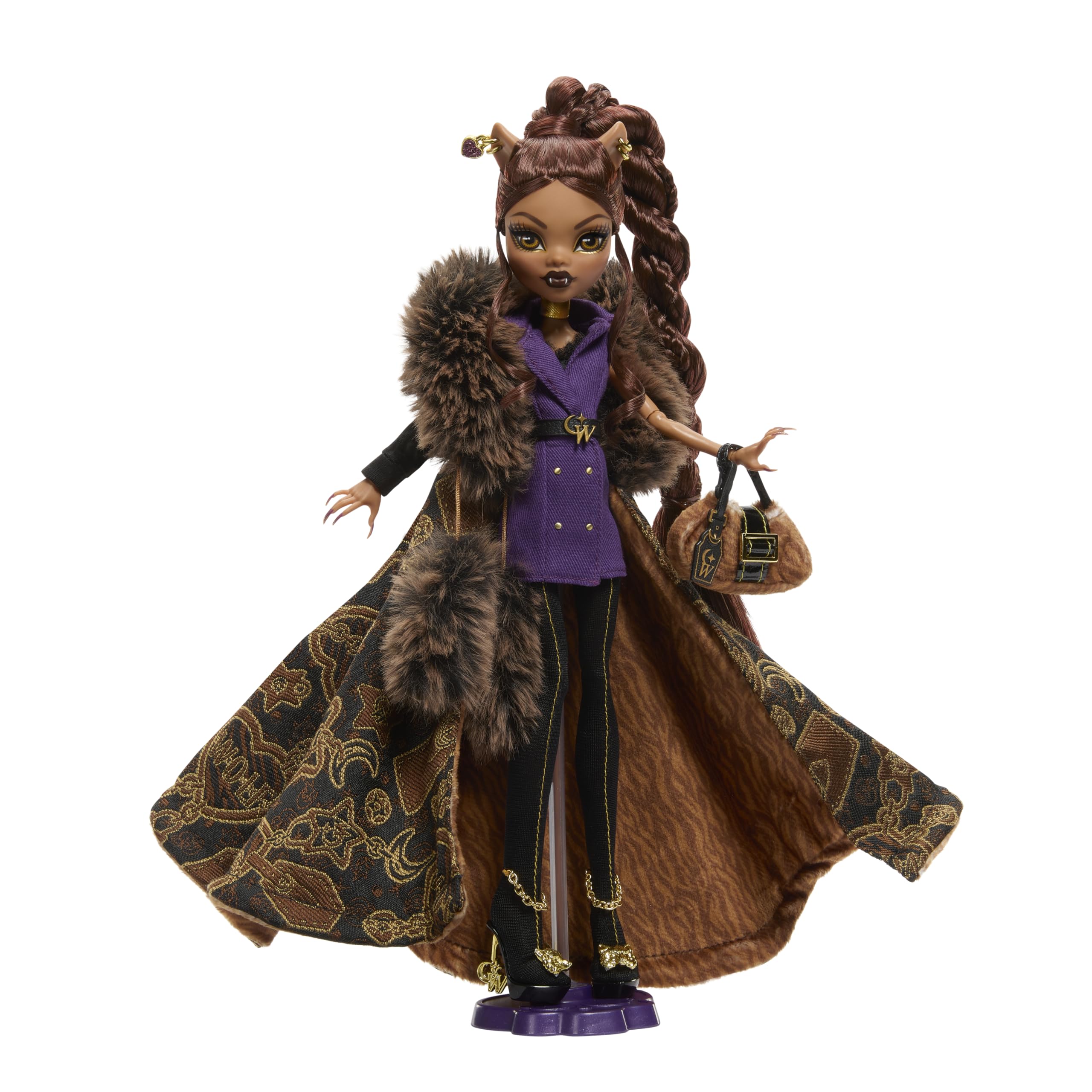 Monster High Modna Clawdeen House of Wolf Lalka kolekcjonerska Żakardowy płaszcz ze sztucznym futerkiem, fioletowa sukienka garniturowa, rajstopobuty i złociste akcesoria, JDR66