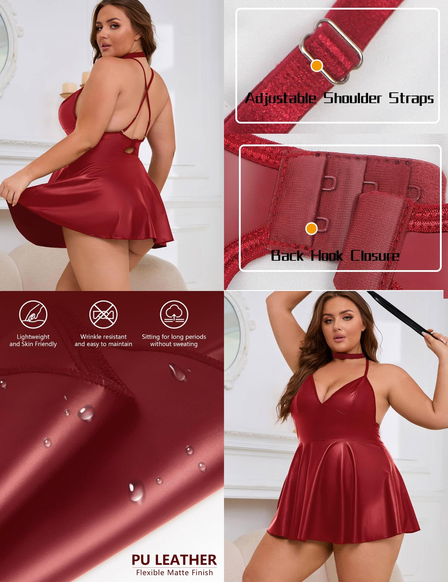 ohyeah Faux Leather Lingerie Set for Women Plus Size PU Lingerie V Neck Backless Babydoll Chemise Mini Lingerie Dress: 3X-Large 2- Red (Dress+ Tights+ Box)