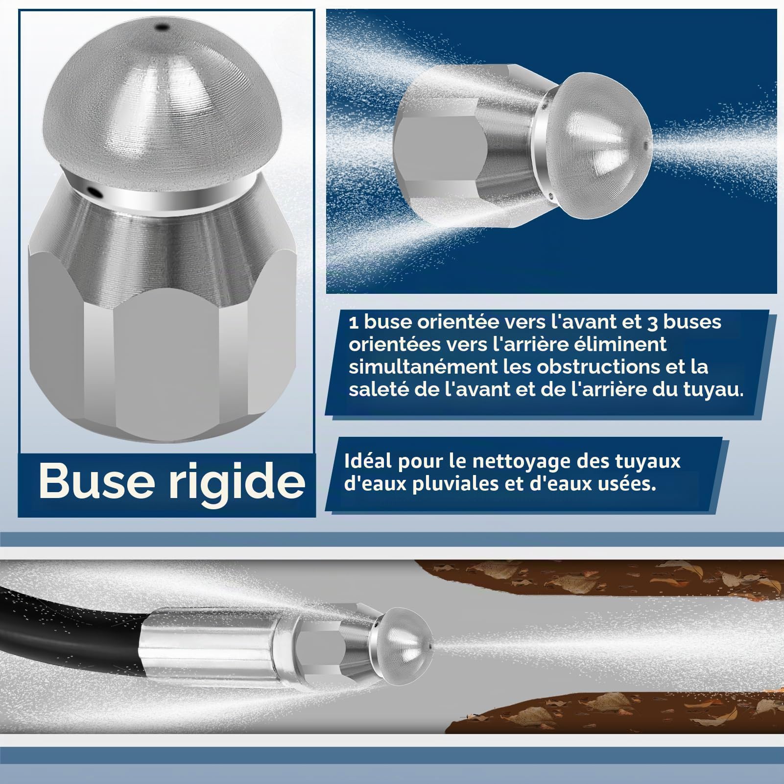 Kit de tuyau de nettoyage de canalisations 30 m, 180 bar, 60 °C, avec buses rigides et rotatives, 1 adaptateur compatible avec K2, K3, K4, K5, K6, K7