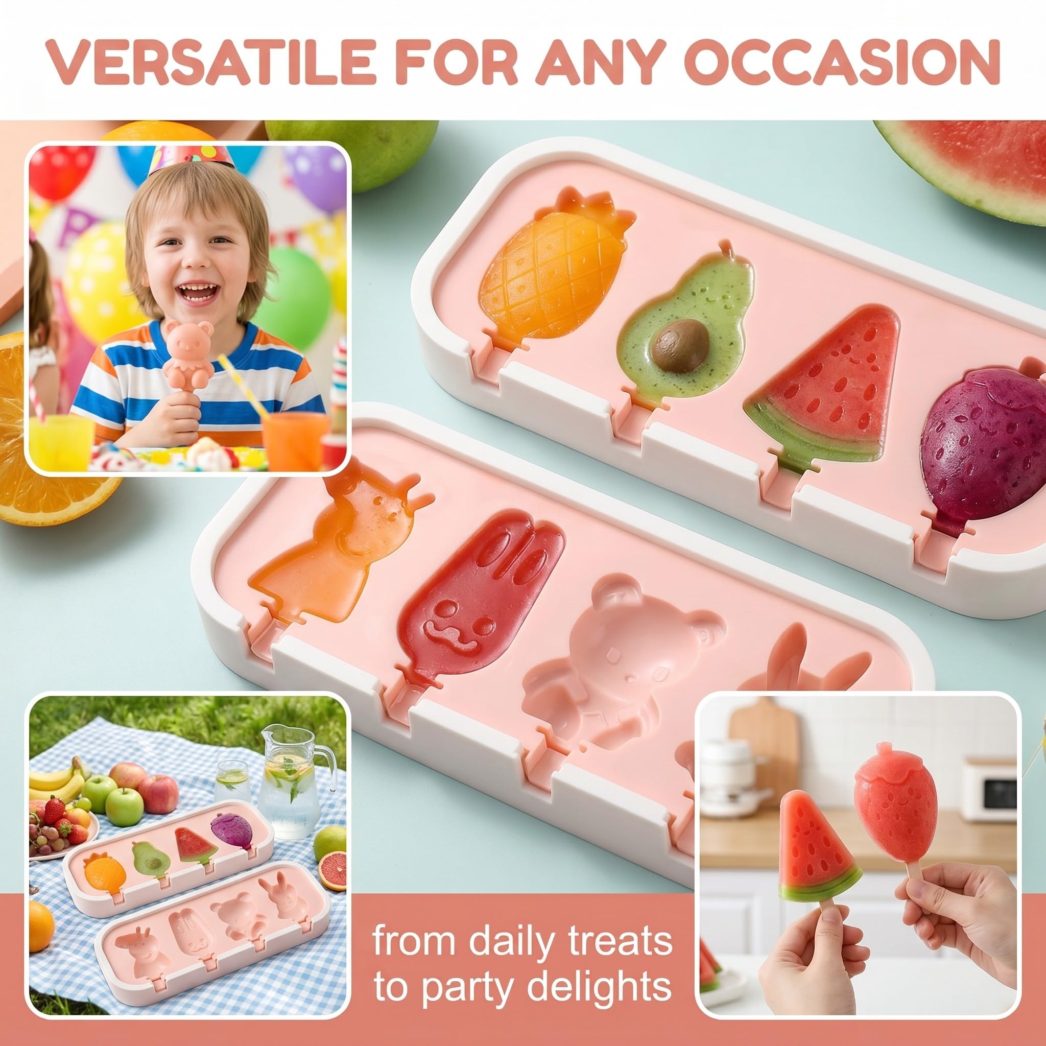 Set 2 Moldes para Helados de Silicona, 8 Formas Dibujos Animados & Frutas Molde Helado con Tapa y 12 Palitos Reutilizables, Sin BPA para Hacer Helados Caseros