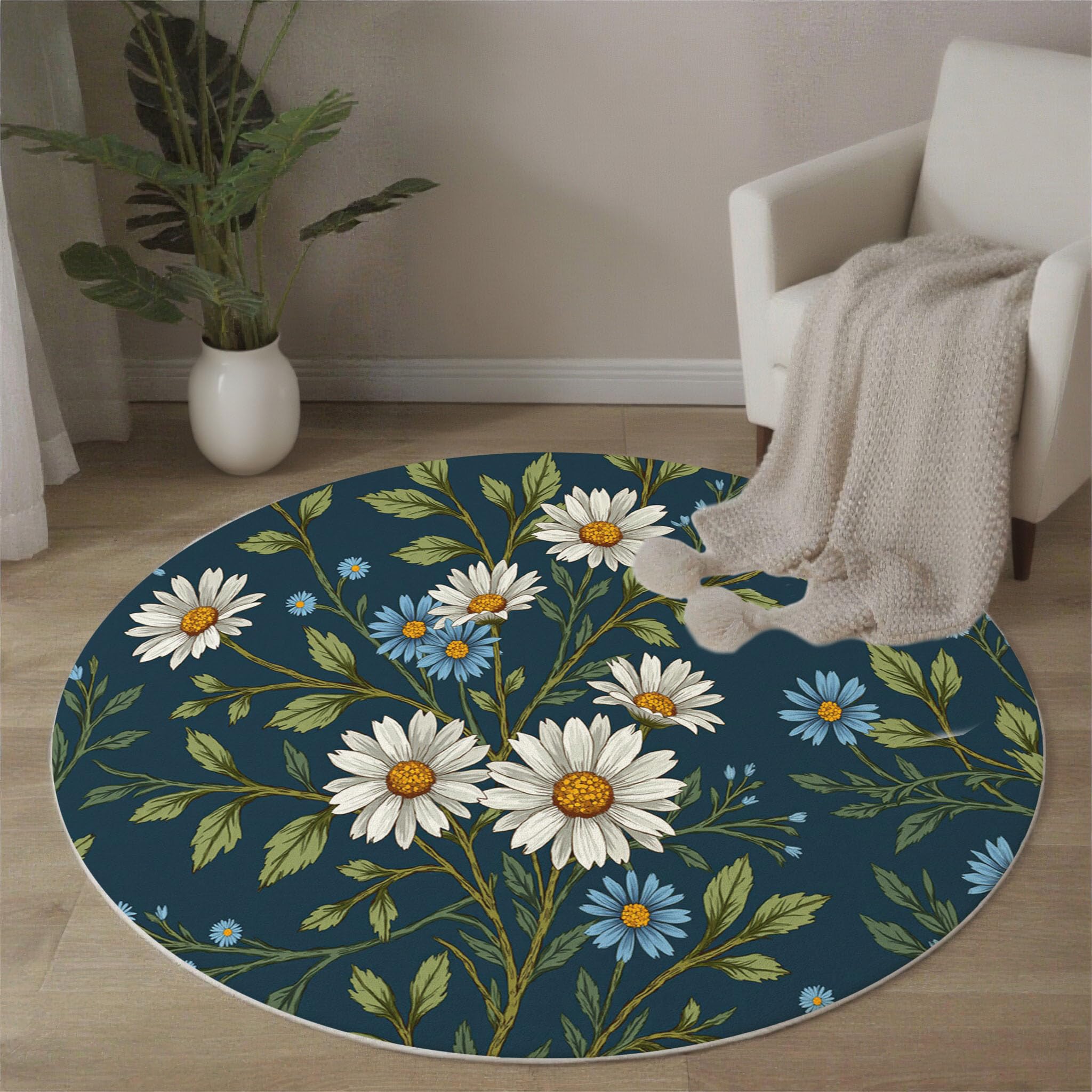 Tapis rond lavable en machine antidérapant motif plantes bohèmes bleu