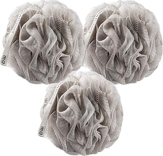 MainBasics Bath Shower Loofah Sponge Pouf Body Scrubber Exfoliator Body Wash Sponge (Set of 3, Totally Taupe)