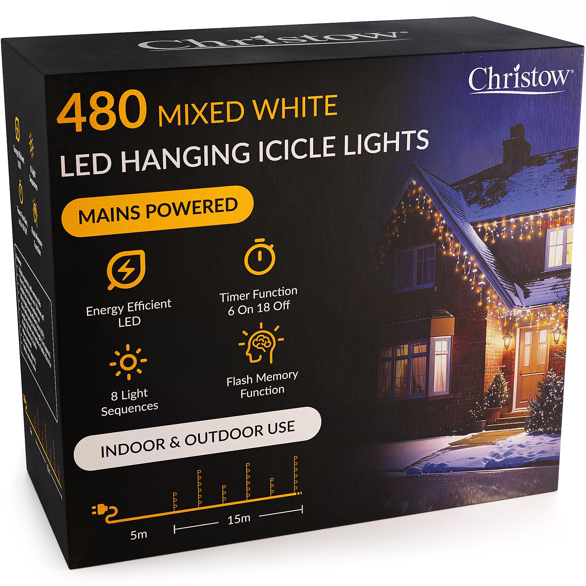 Christow Mixed White Hanging Icicle Christmas Lights, 480 White & Warm White Led, 15M Lit Length, Indoor & Outdoor, Mains Powered With Timer, 8 Flash Lighting Modes With Memory, Fairy String Light Decorations