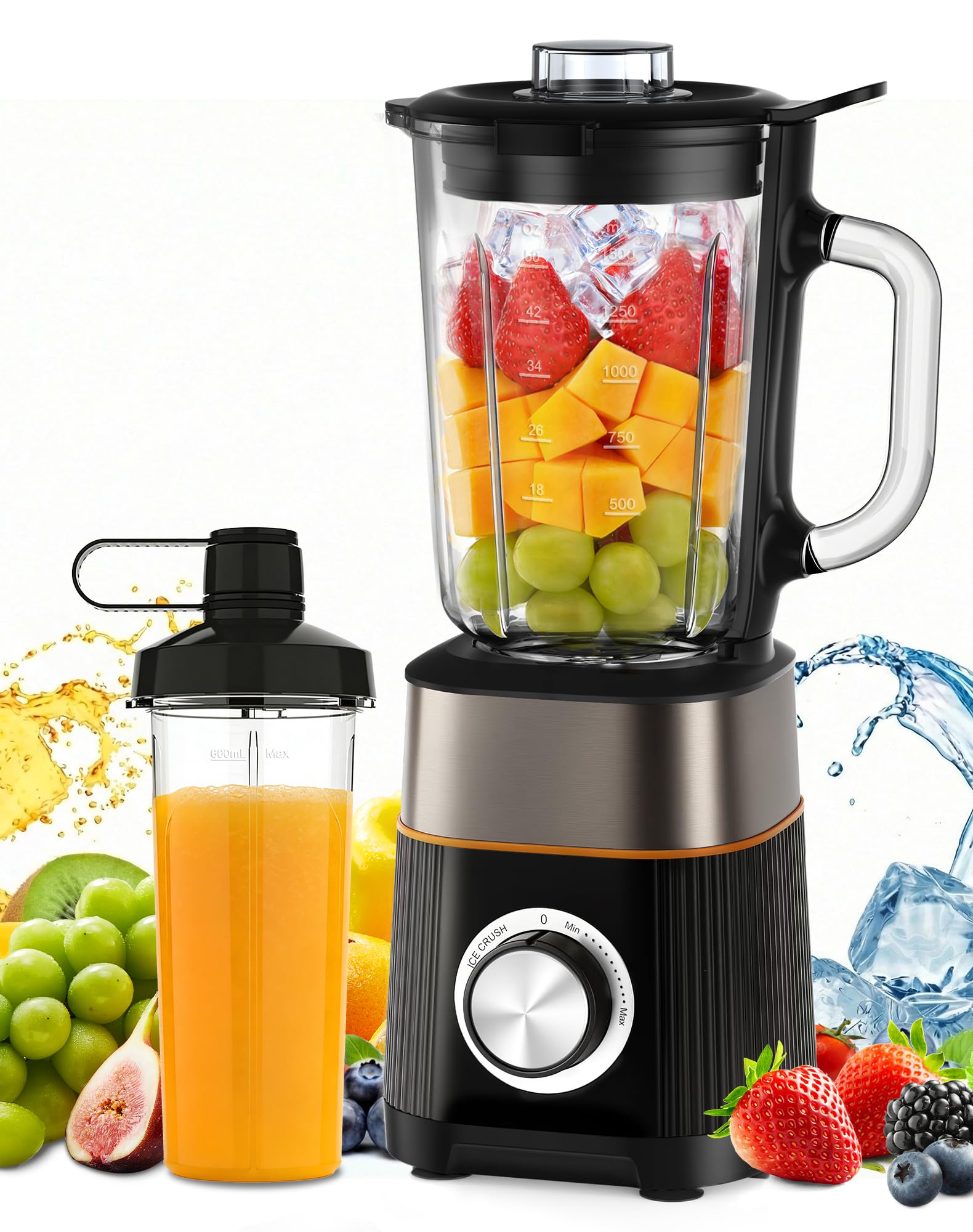 Blender, Mixeur 1000W, Blender Smoothie 2 en 1, Bol en Verre 1.5L + Bouteille Portable 600ml Sans BPA, Lames Inox 304 pour Glace, Auto-nettoyant, Réglage Continu Vitesse