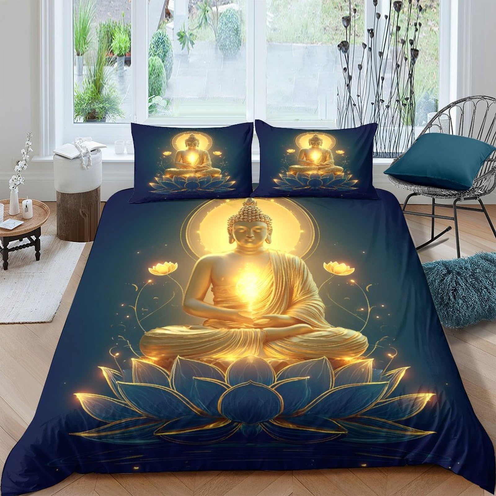 Ctjqhvkz Style-6 3D Printed Golden Buddha Fitted Sheet Microfiber Soft Lotus Bed Cover For Bedroom Dorm Mattress Protection Decor Single（135X200cm）