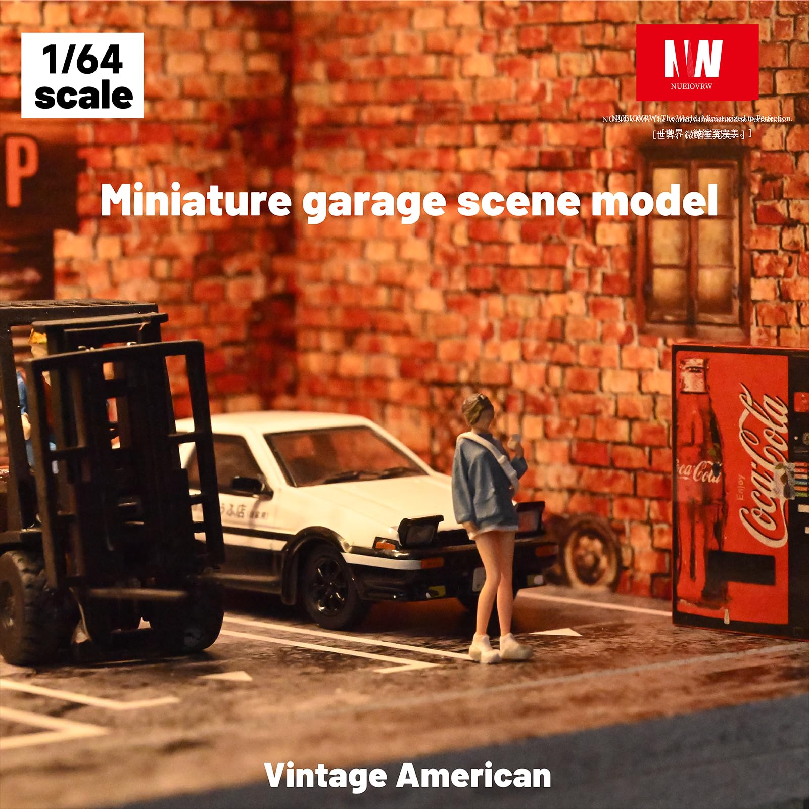 Diorama 1/64 modello auto garage, illuminazione a LED, vetrina per parcheggio, in mattoni rossi, modellini di auto pressofuso, kit modello diorama (garage vintage)