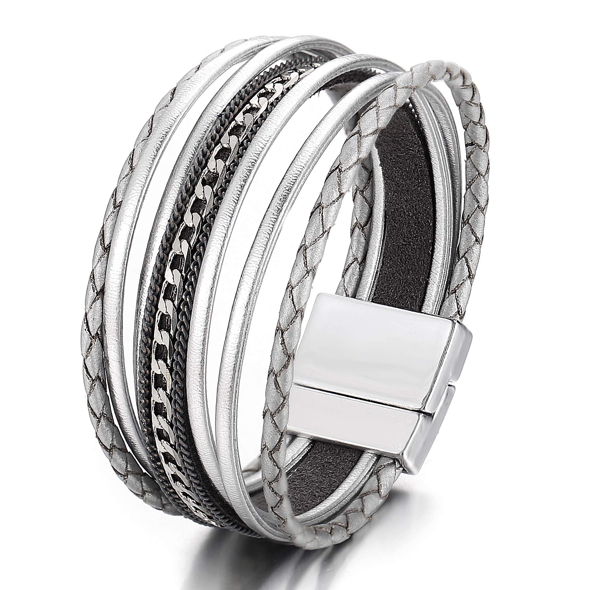 Multilayer Leather Wrap Bracelet Handmade Braided Chain Cuff Bangle Alloy Magnet Buckle Bracelets for Women Girls Birthday Gift