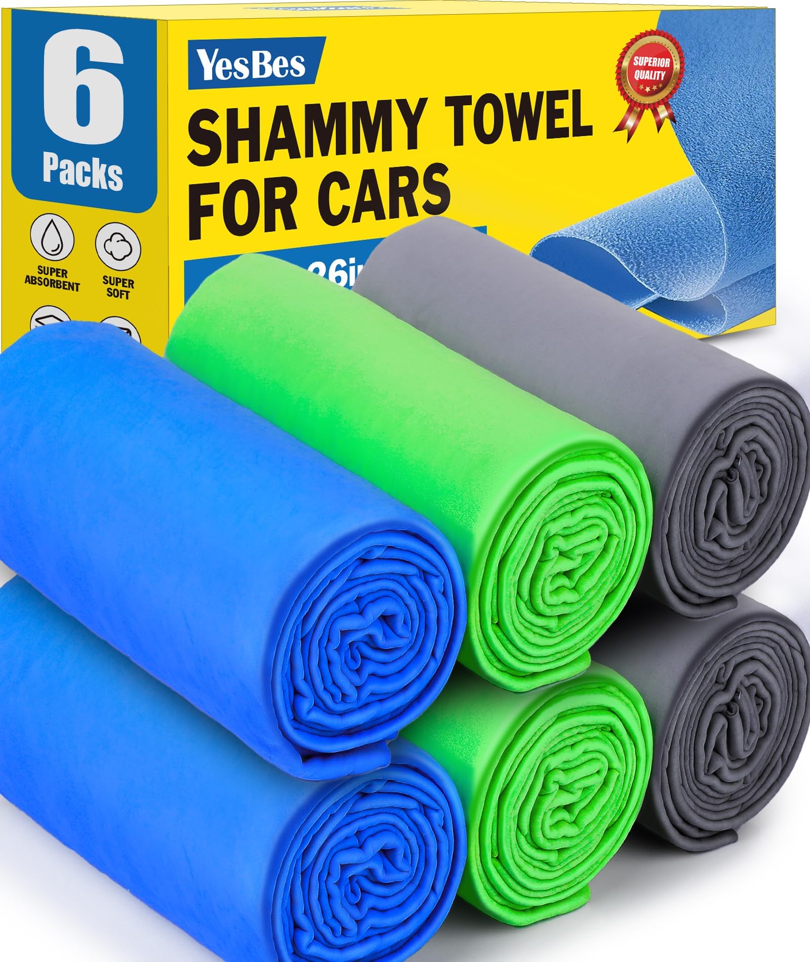 Paquete de 6 paños de gamuza prémium para secado de automóviles, toalla de secado de coche reutilizable, toalla de gamuza súper absorbente para coche