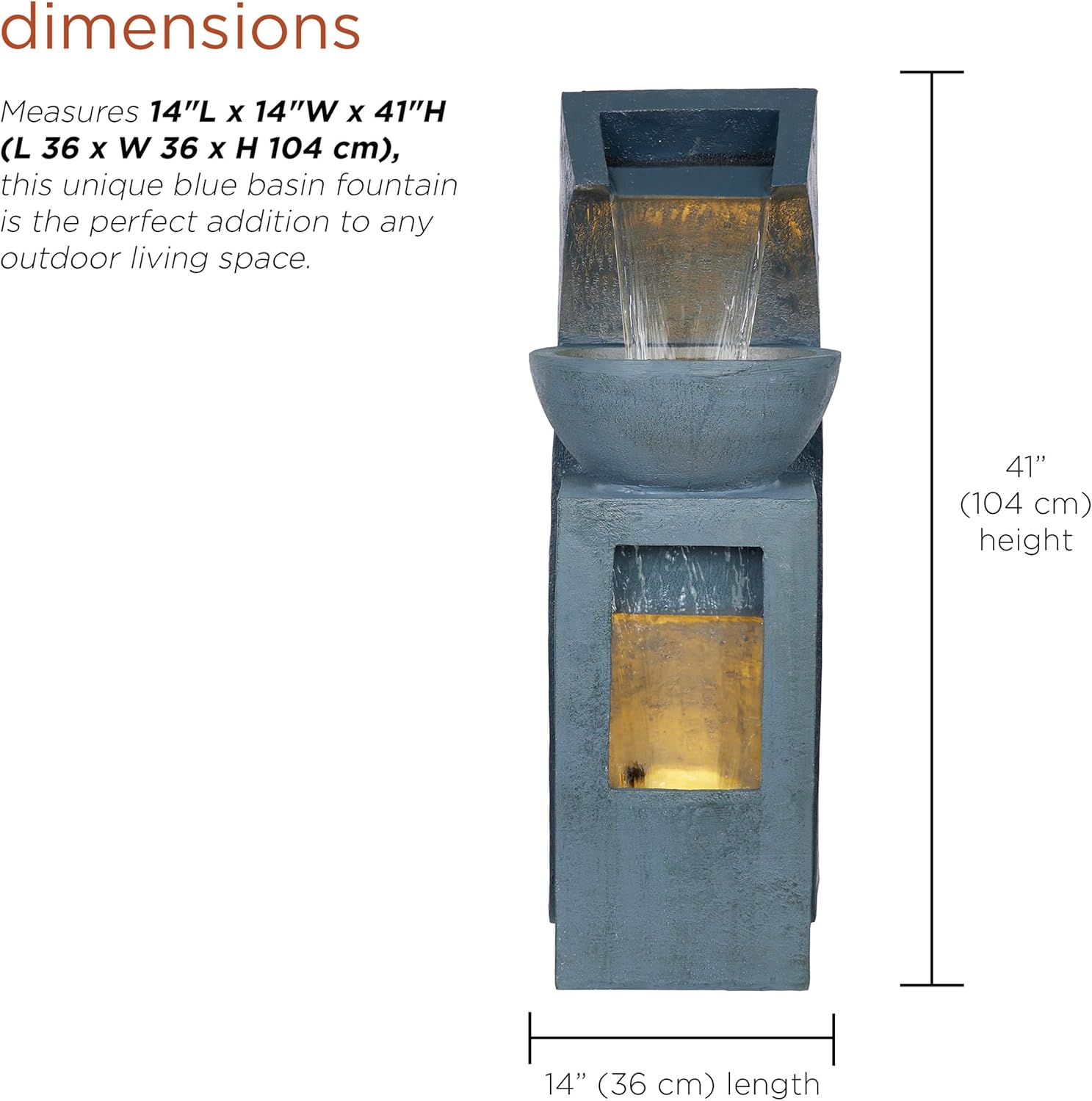 Alpine Corporation 41" Tall Outdoor Basin Waterfall Floor Fountain with LED Lights for Garden, Patio, Lawn and Backyard Decor, Gray
